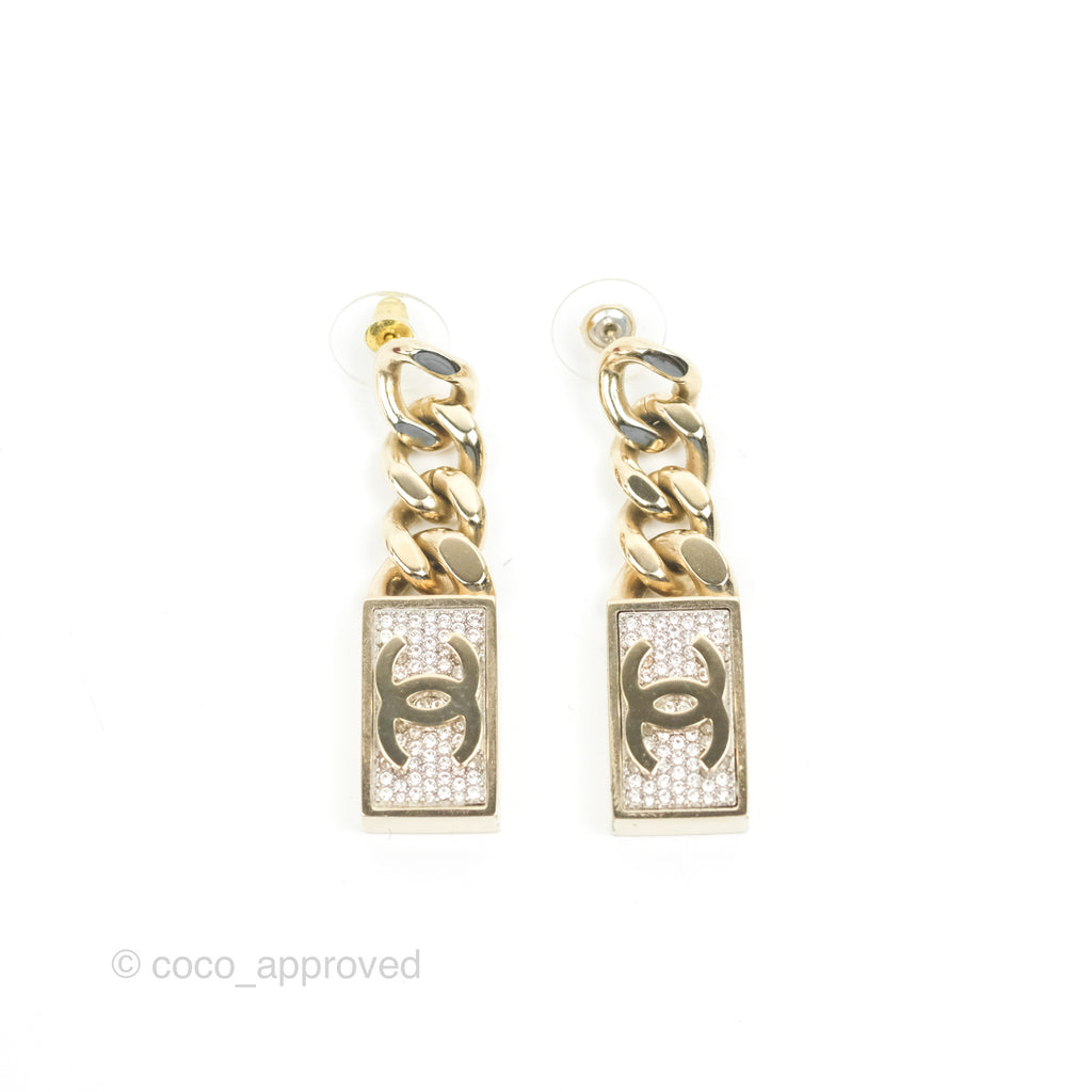 Chanel Chain CC Crystal Plate Drop Earrings Gold Tone 21C