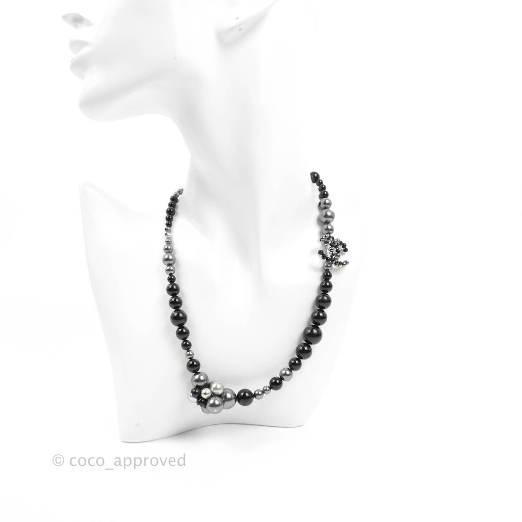 Chanel CC Resin Black Bead Necklace Silver Tone 14P