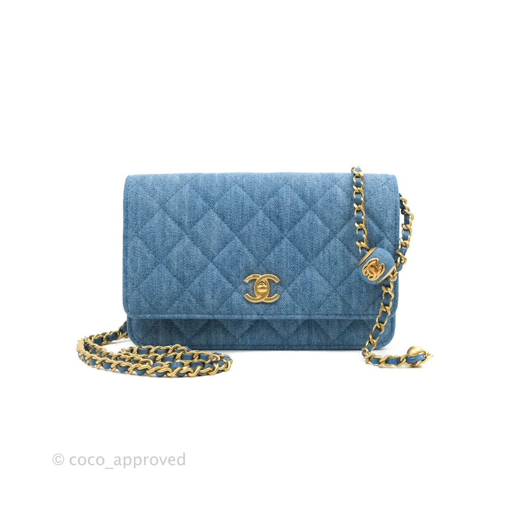 Chanel Quilted Pearl Crush Wallet on Chain WOC Denim Aged Gold Hardware