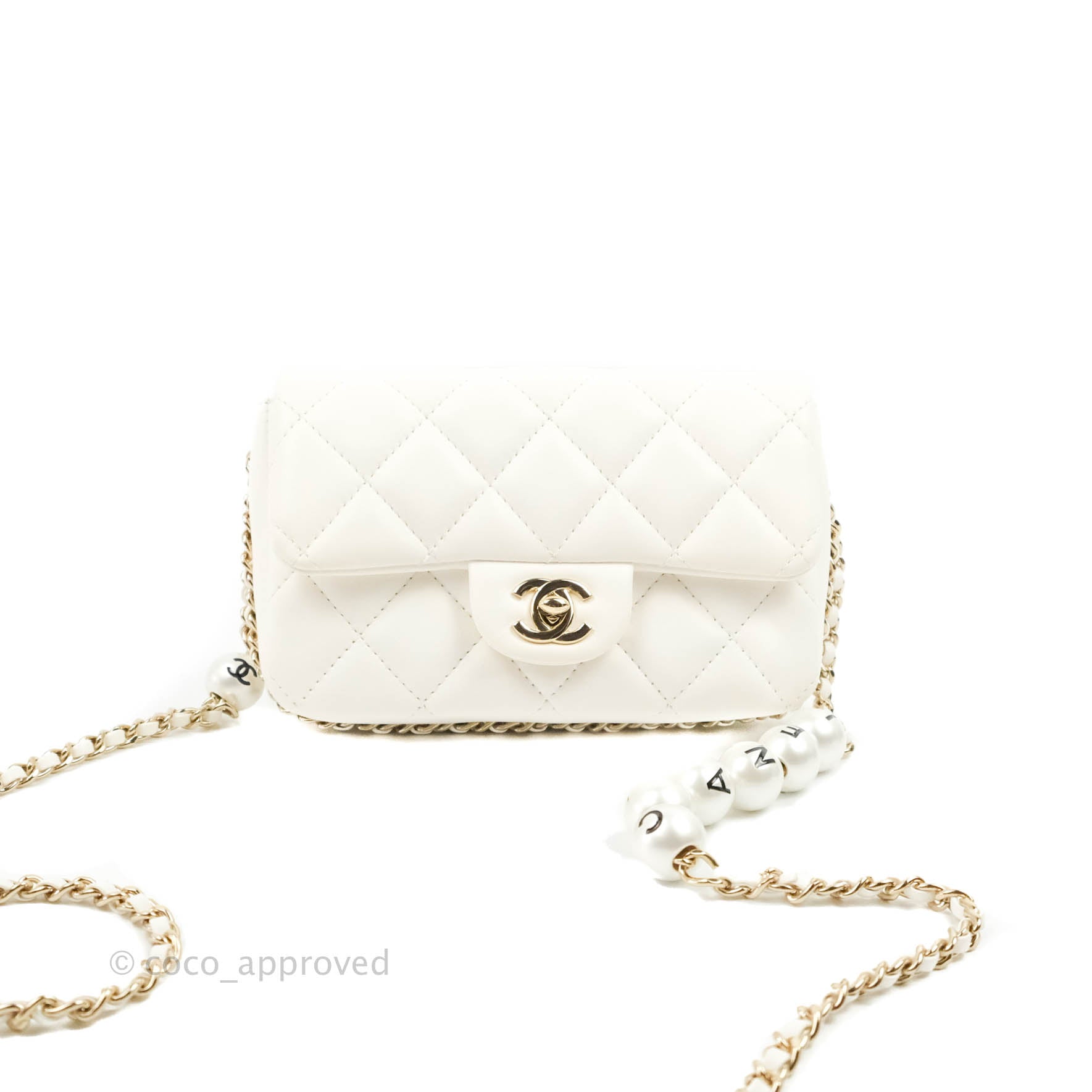 Chanel Small Logo Pearl Chain Flap Bag White Lambskin Gold Hardware