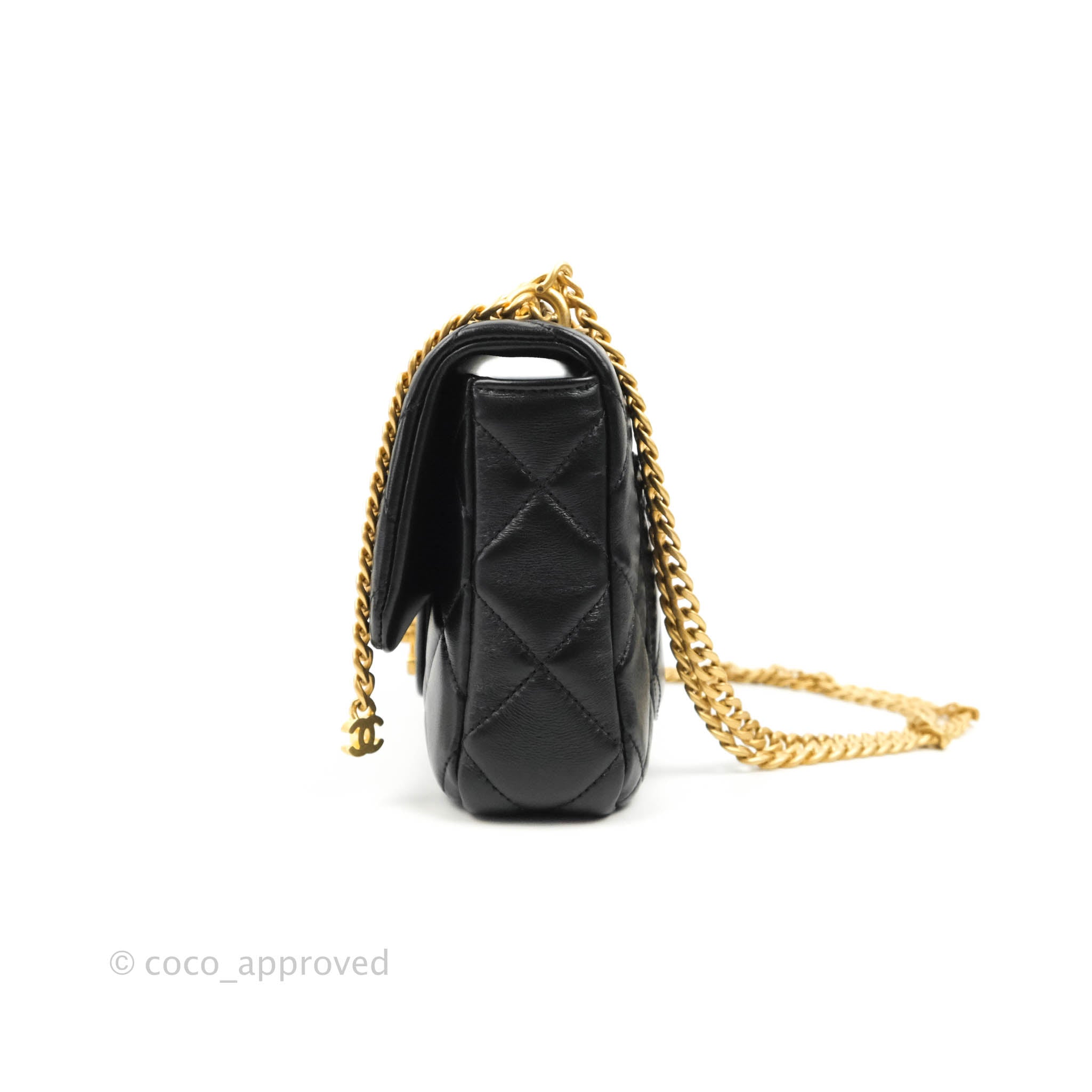 Chanel Quilted Pending CC Enamel Mini Square Flap Black Lambskin Aged –  Coco Approved Studio