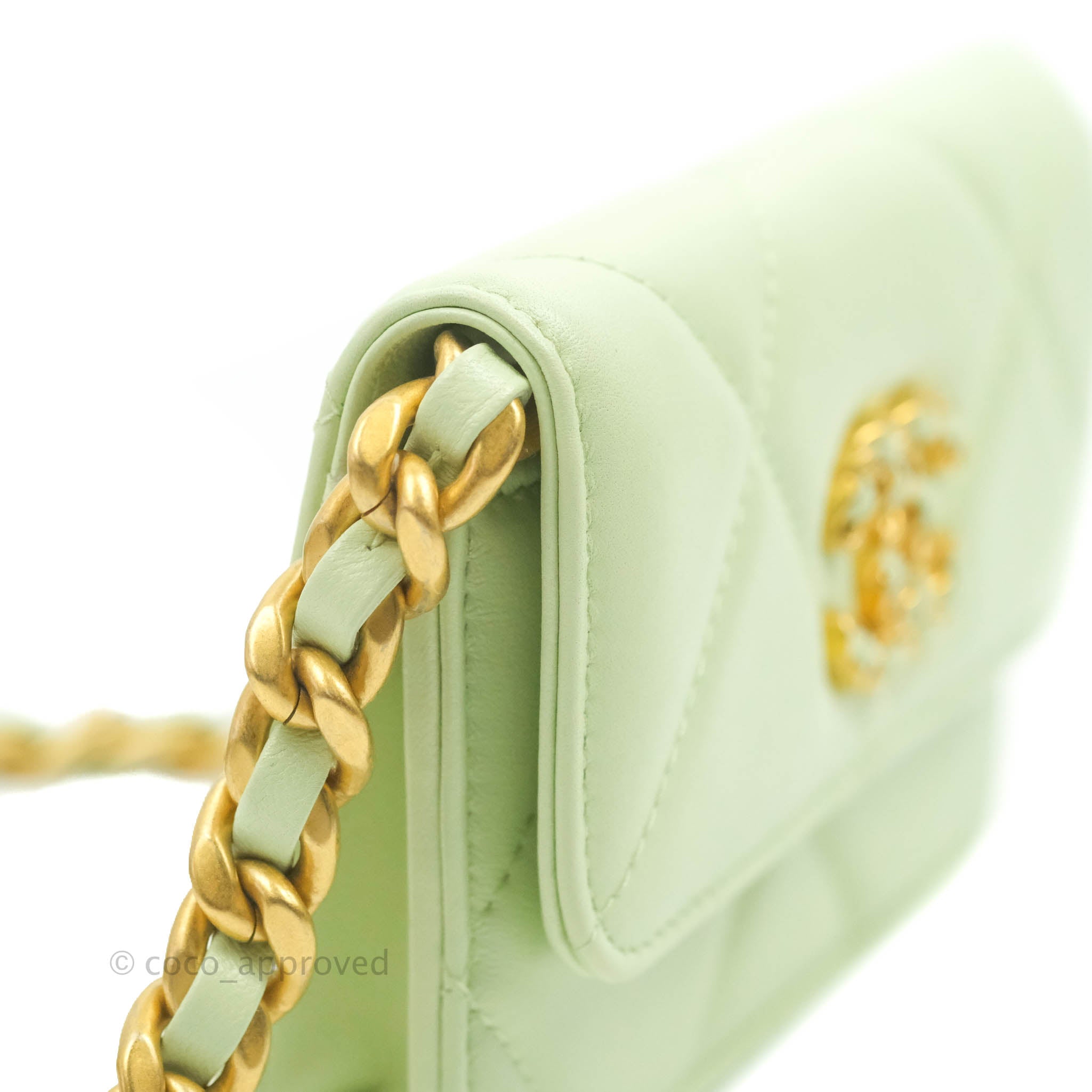 Chanel 19 Mini Clutch with Chain Light Green Lambskin Mixed Hardware 2 – Coco  Approved Studio