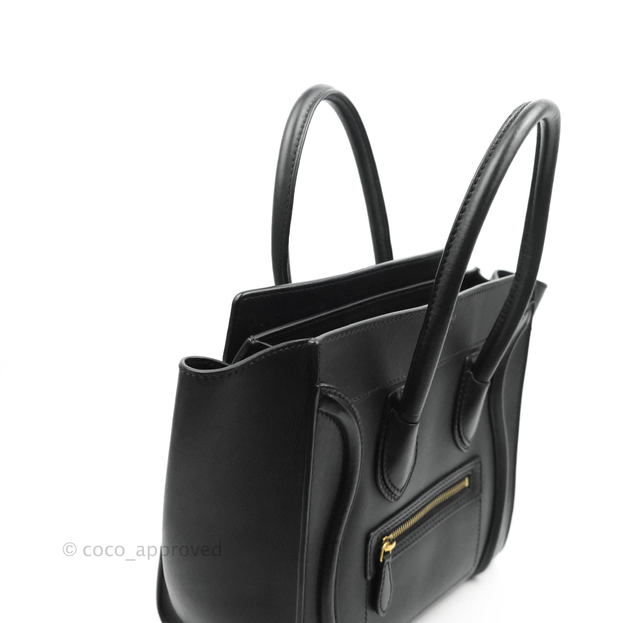 Celine Micro Luggage Handbag Black Smooth Calfskin Gold Hardware – Coco  Approved Studio