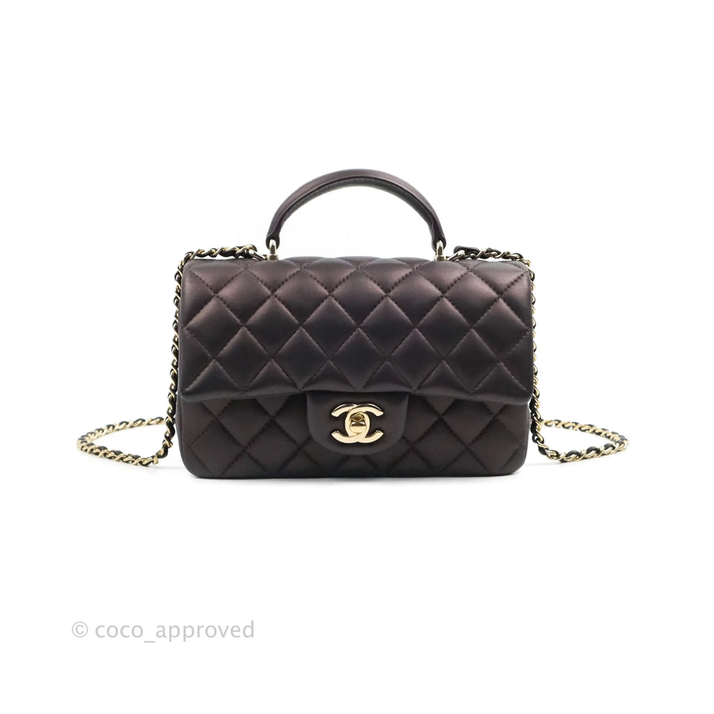 Chanel Top Handle Mini Rectangular Flap Bag Dark Purple Lambskin Gold Hardware