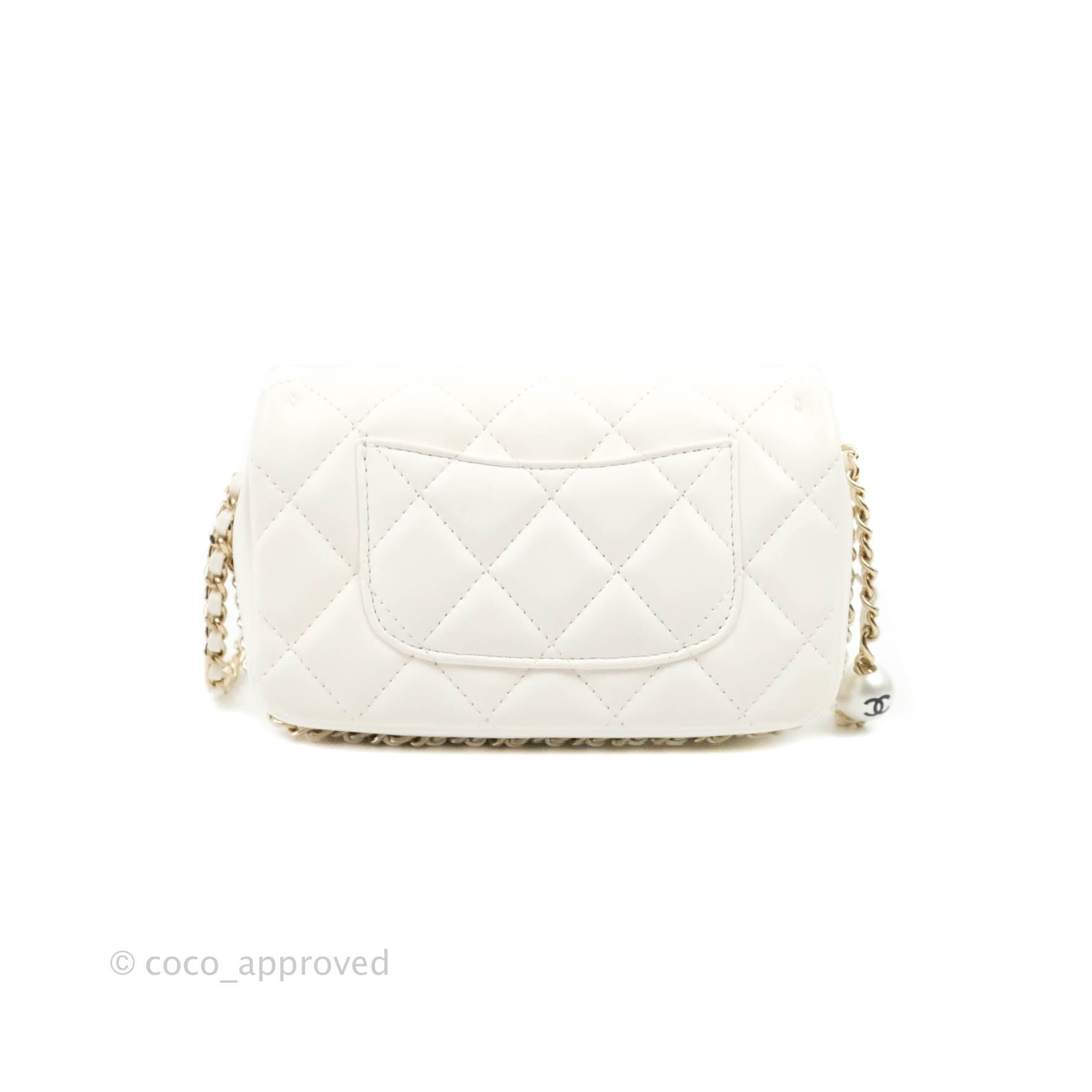 Chanel Small Logo Pearl Chain Flap Bag White Lambskin Gold
