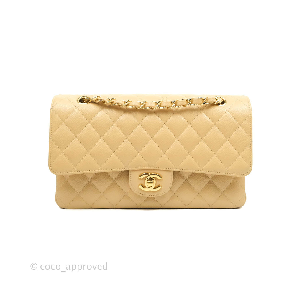 Chanel Classic Medium Flap Quilted Beige Caviar Gold Hardware
