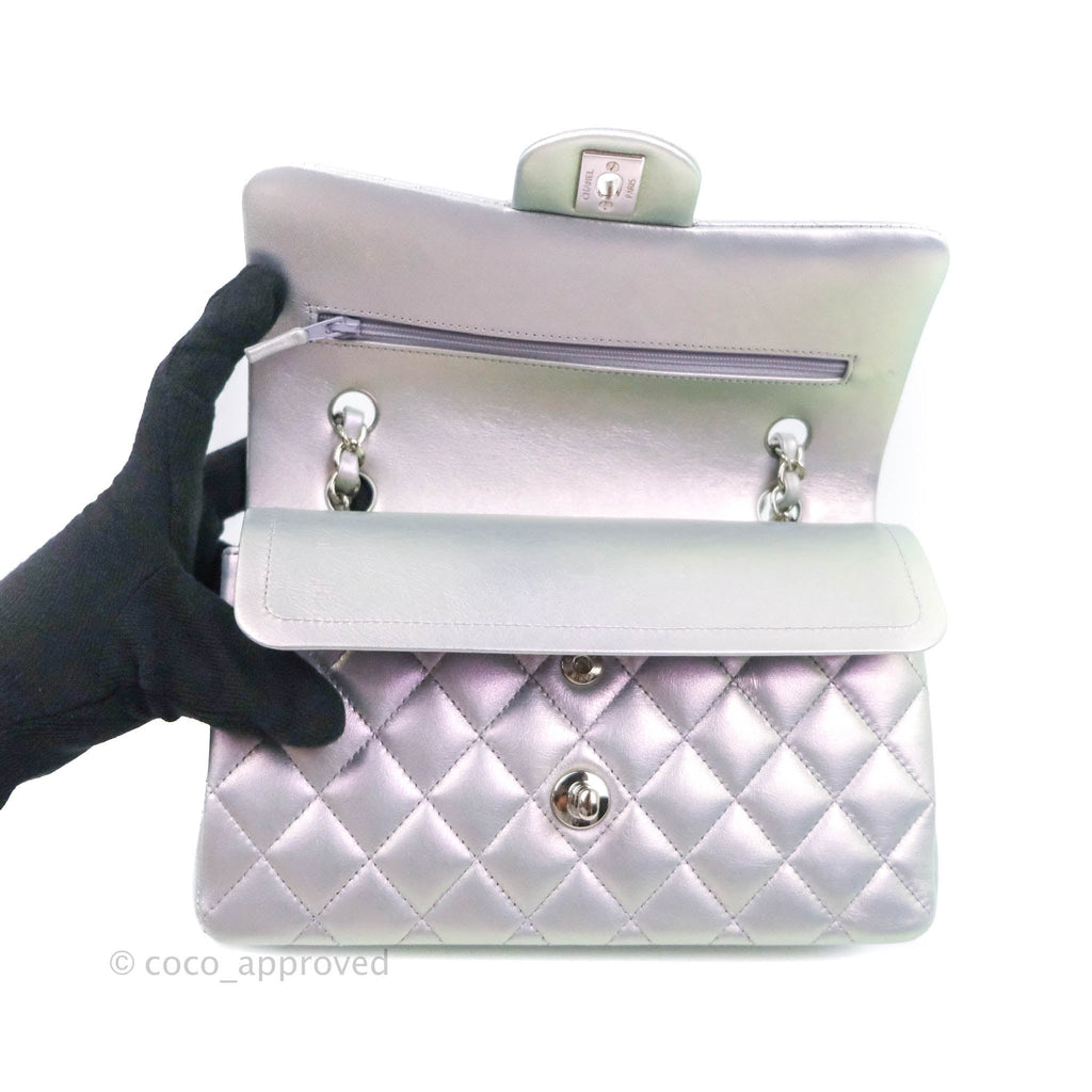 Chanel Small Classic Quilted Flap Metallic Iridescent White Lilac Silver Hardware