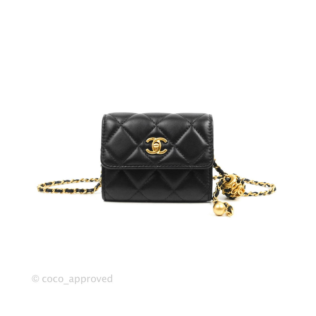 Chanel Pearl Crush Mini Wallet With Chain Black Lambskin Aged Gold Hardware