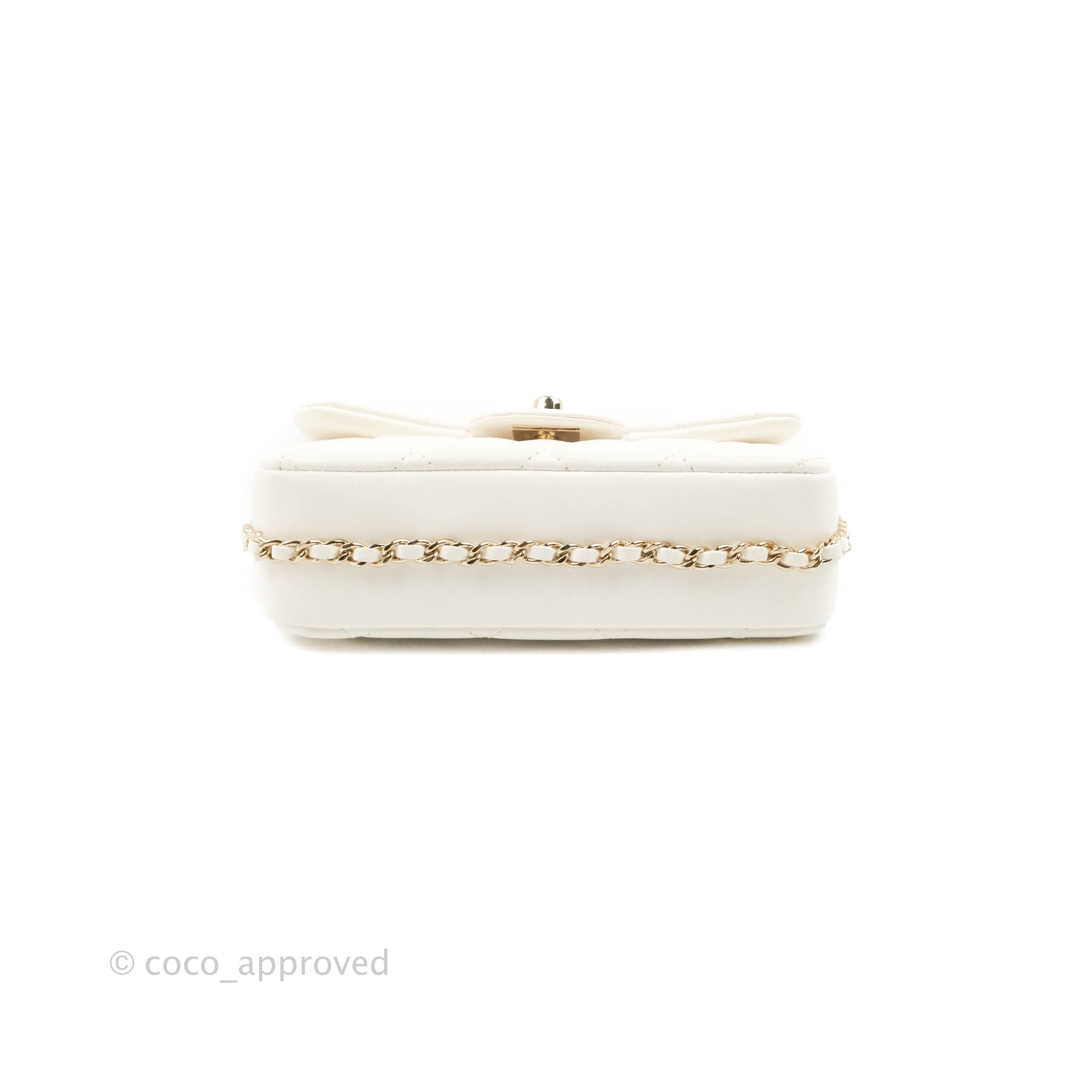 Chanel Small Logo Pearl Chain Flap Bag White Lambskin Gold Hardware – Coco  Approved Studio