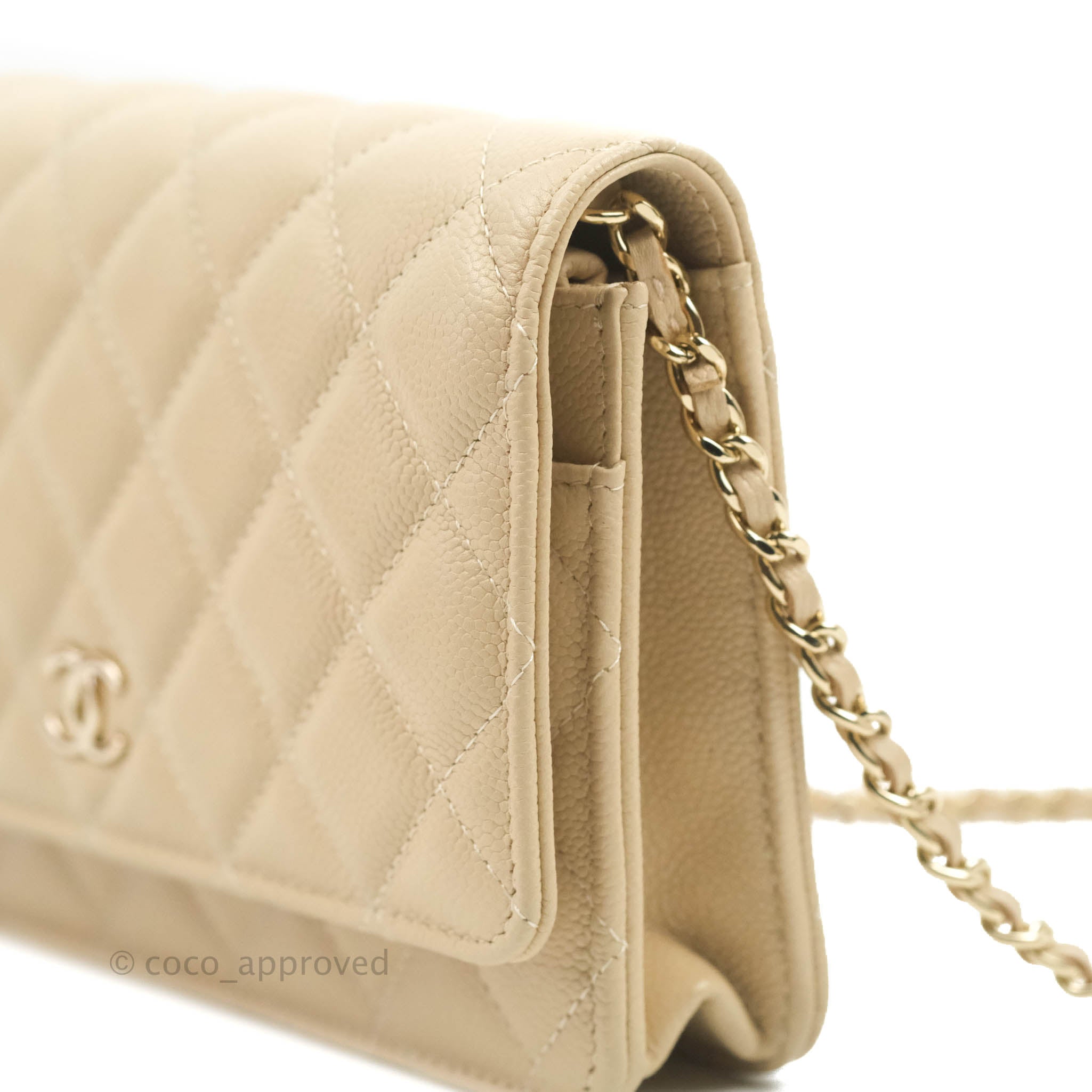 Chanel Quilted Wallet on CC Chain WOC Beige Caviar Gold Hardware – Coco  Approved Studio