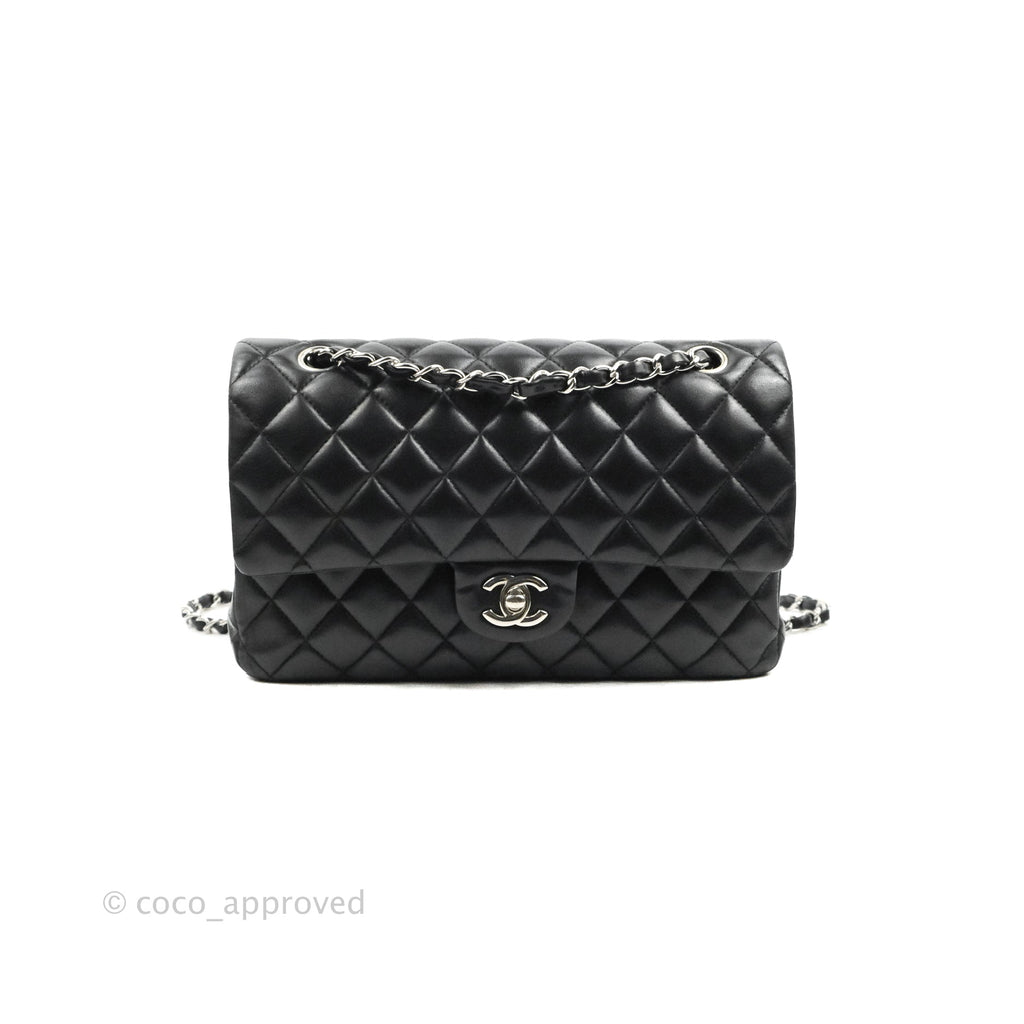 Chanel Classic M/L Medium Flap Quilted Black Lambskin Silver Hardware