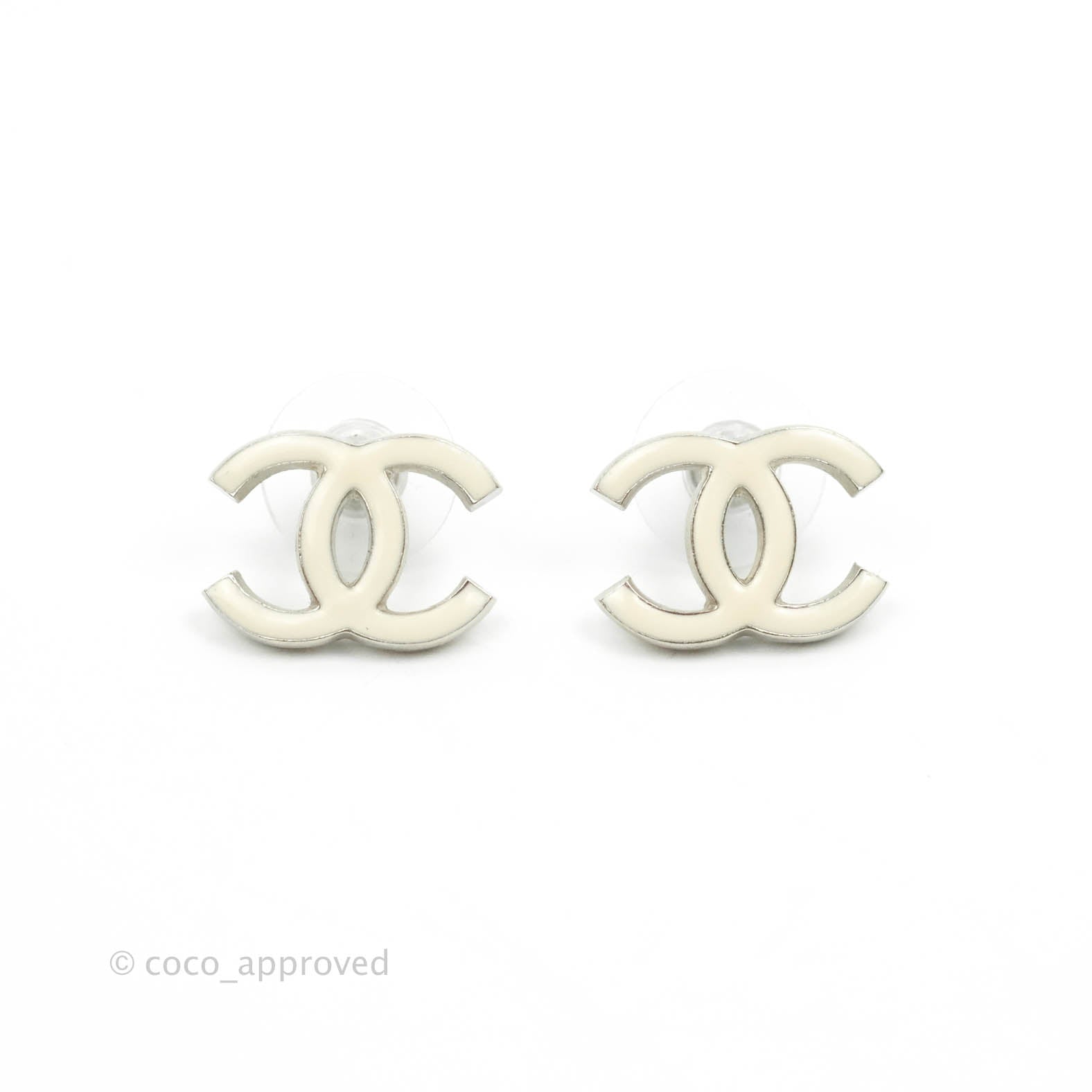 Vintage Chanel double C earrings white gold CC logo Authentic