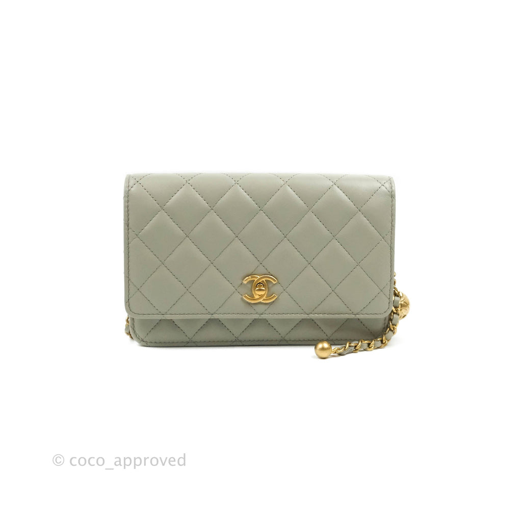 Chanel Quilted Pearl Crush Wallet on Chain WOC Light Grey Lambskin Aged Gold Hardware 22C