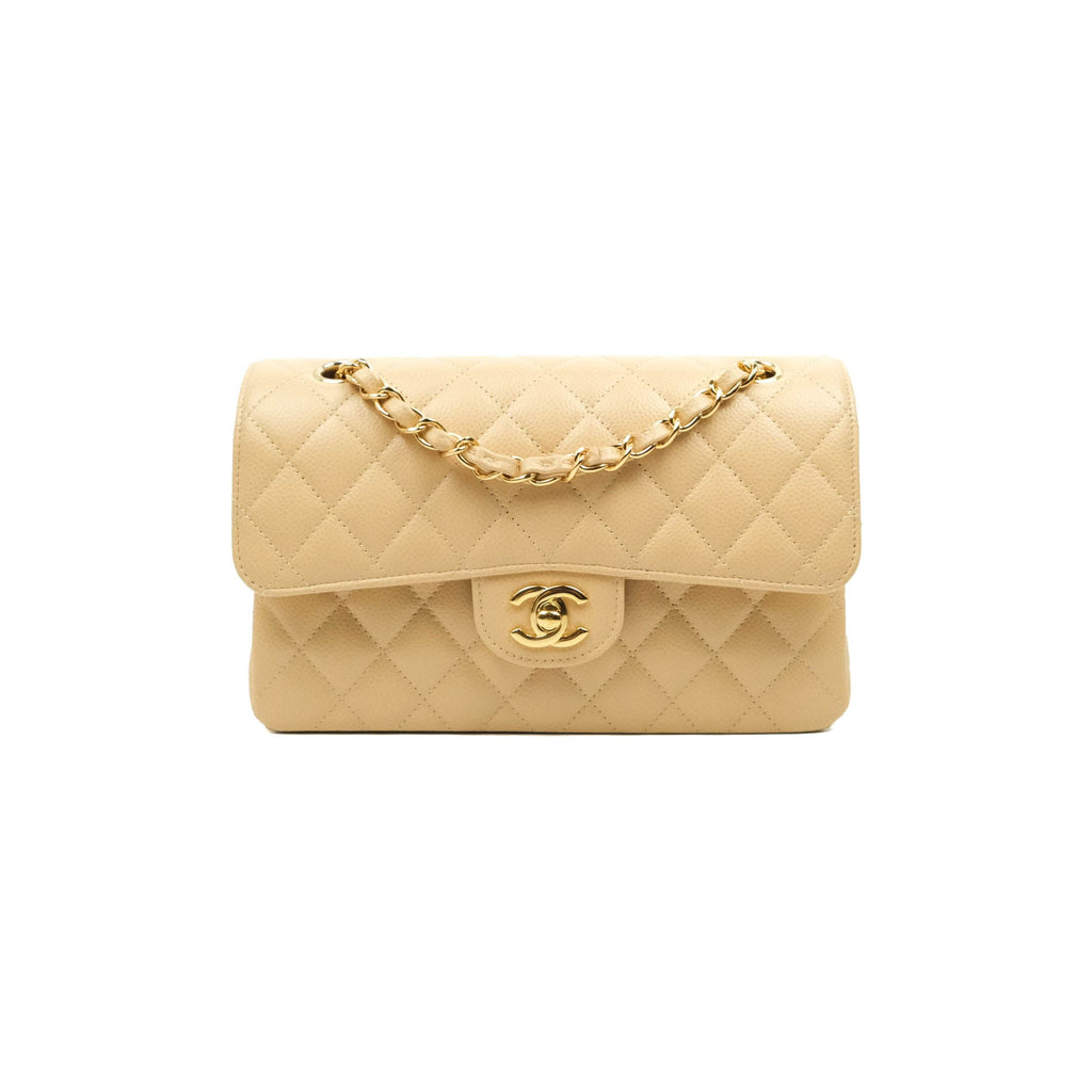 Chanel Small Classic Quilted Flap Beige Caviar Gold Hardware