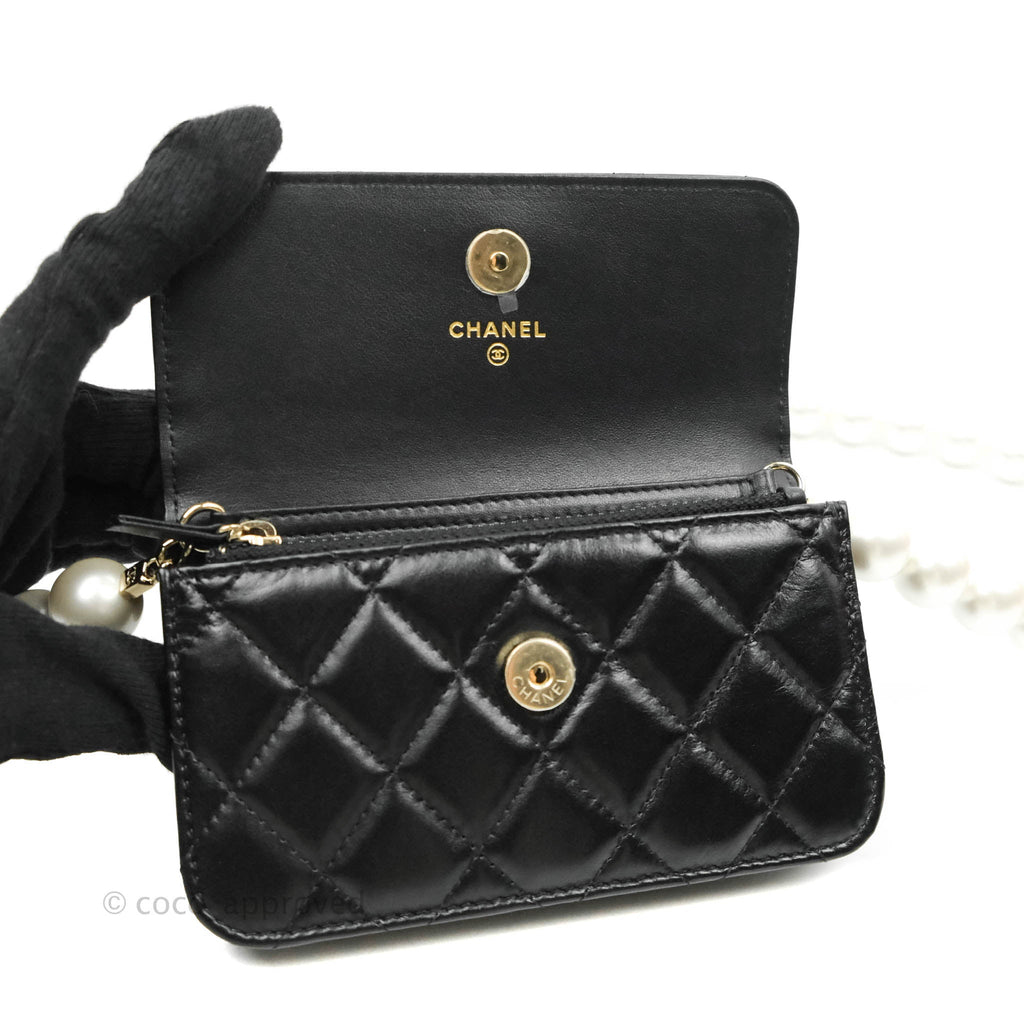 Chanel Imitation Pearls Clutch with Chain Black Shiny Calfskin Gold Hardware