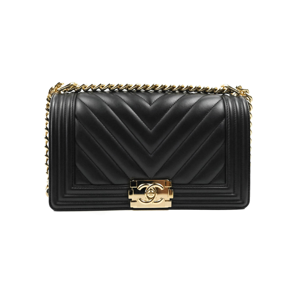 Chanel Boy Chevron Medium Black Lambskin Gold Hardware