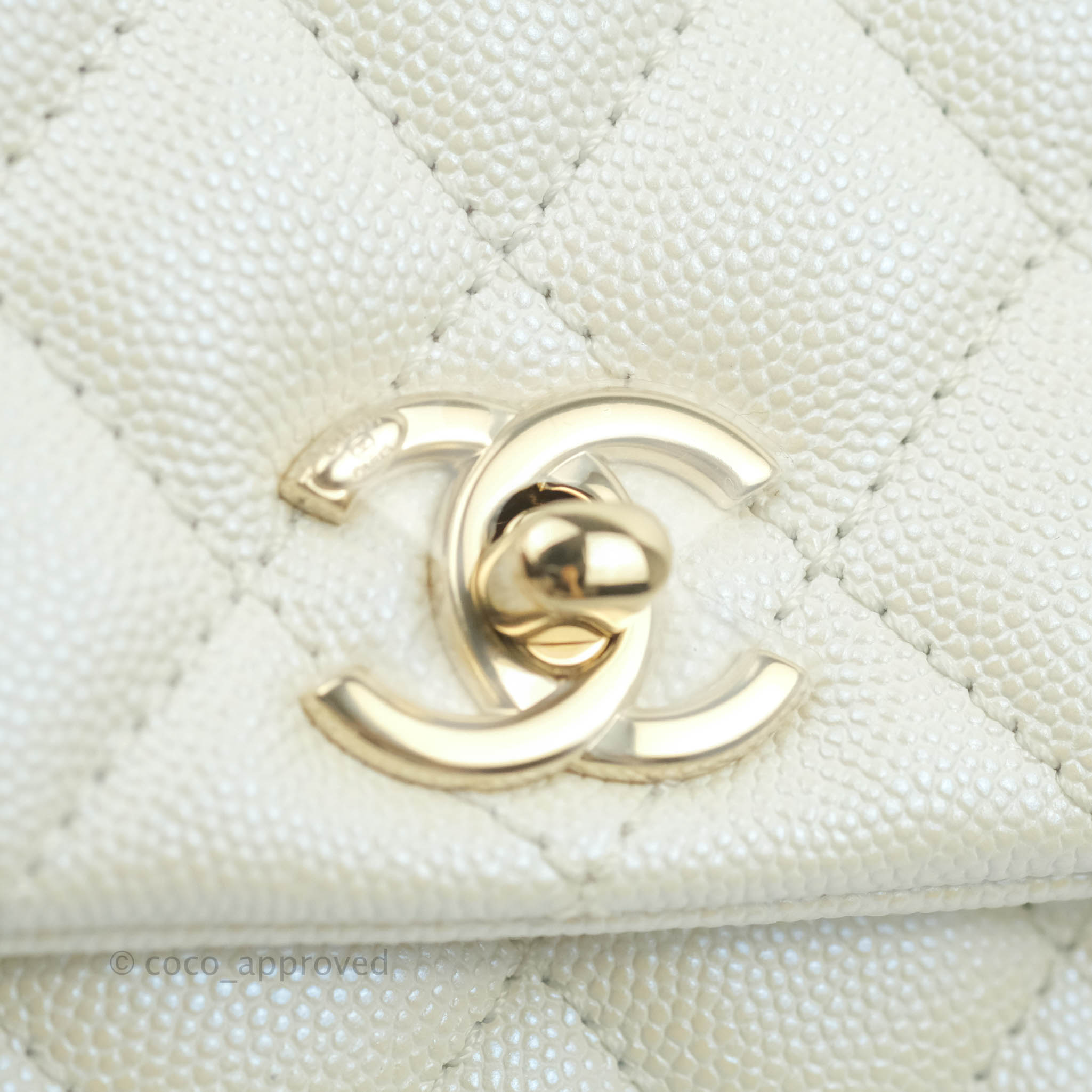 Chanel Mini Coco Handle Quilted Iridescent White Caviar Gold Hardware – Coco  Approved Studio