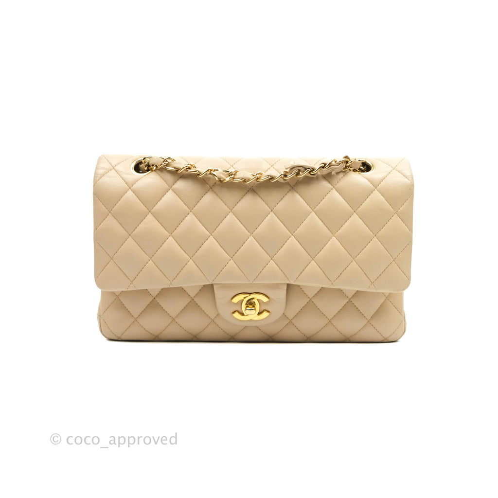 Chanel Classic Medium Flap Quilted Beige Lambskin Gold Hardware