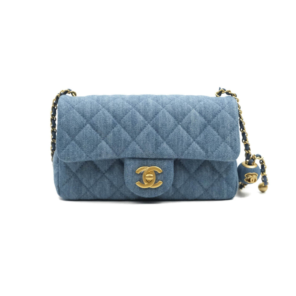 Chanel Mini Rectangular Pearl Crush Quilted Denim Aged Gold Hardware 22C