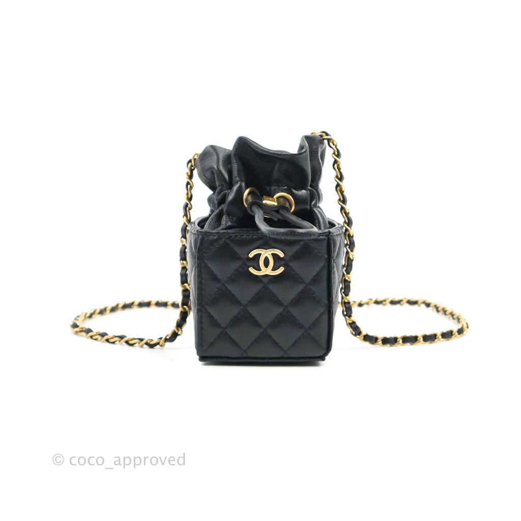 Chanel Mini Drawstring Bucket Bag with Chain Black Calfskin Aged Gold Hardware