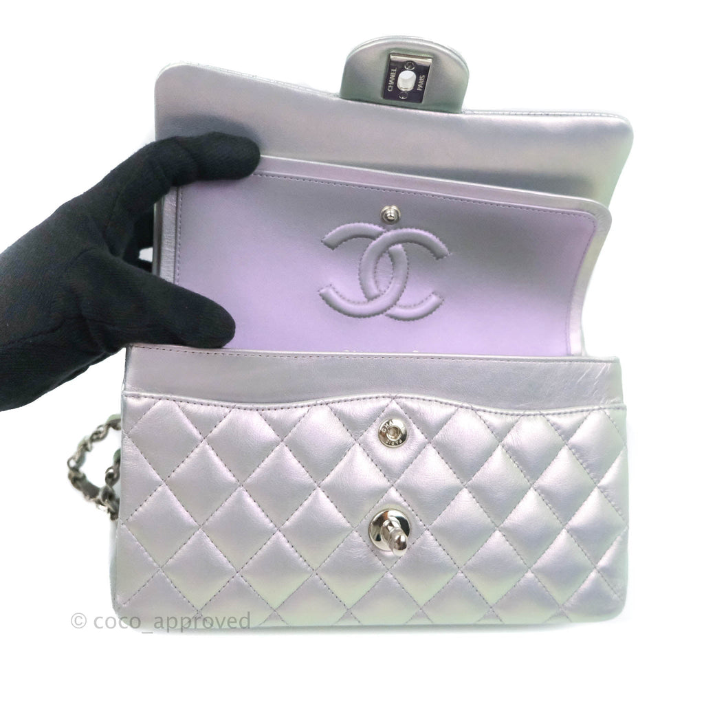 Chanel Small Classic Quilted Flap Metallic Iridescent White Lilac Silver Hardware