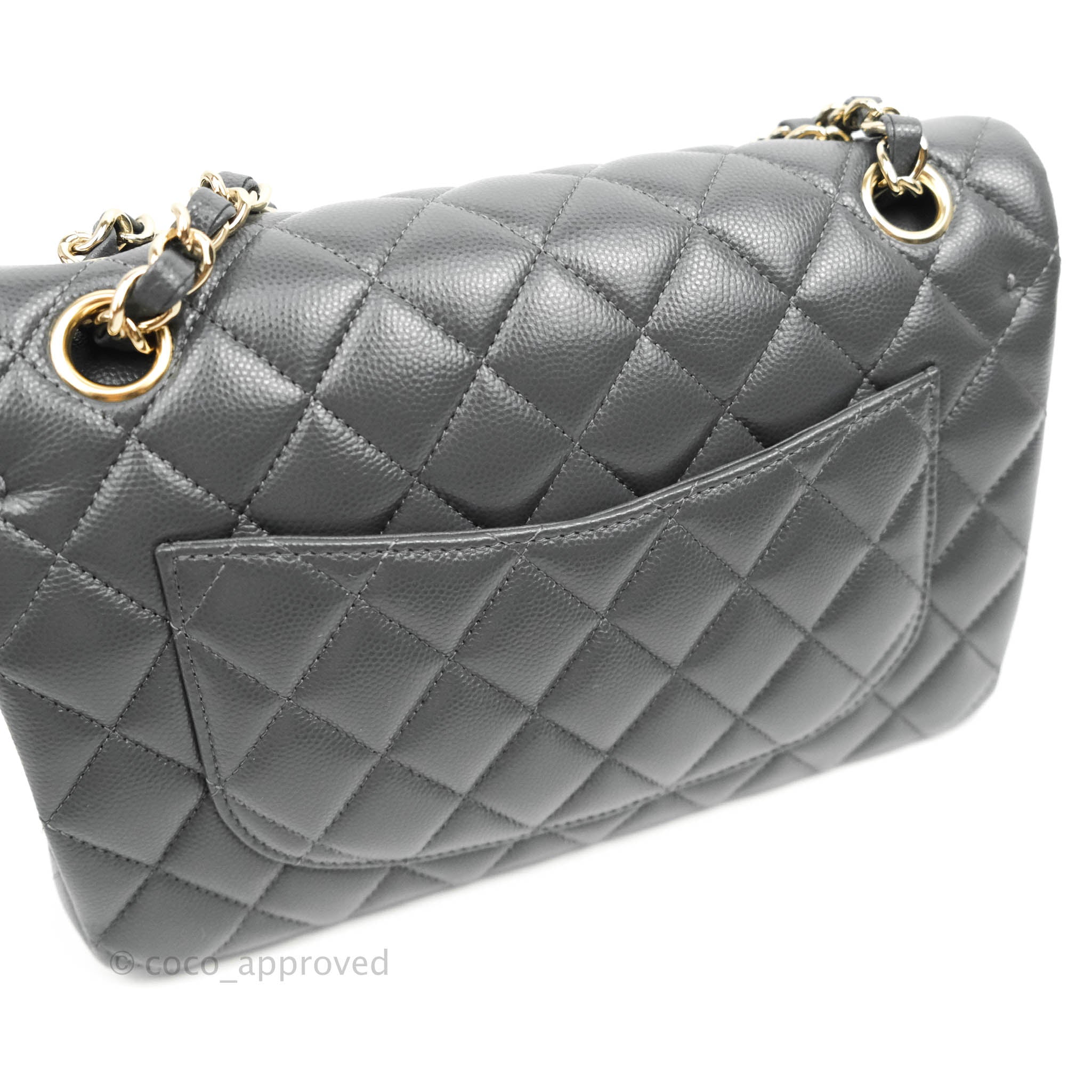 Season Collection ! Chanel 18685887 Dark Grey Caviar Chunky Chain Flap Bag  in Brass Gold Hardware