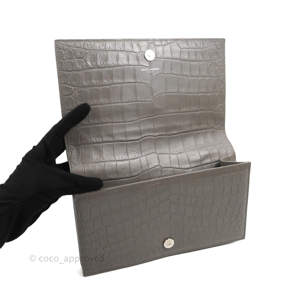 Saint Laurent Clutch Bag Grey Croc-Embossed Silver Hardware