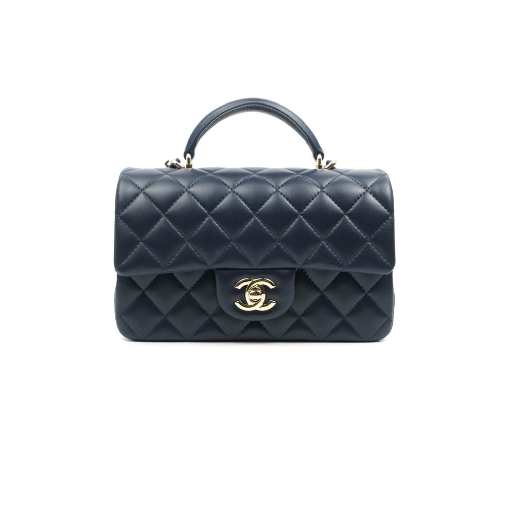 Chanel Top Handle Mini Rectangular Flap Bag Navy Lambskin Gold Hardware