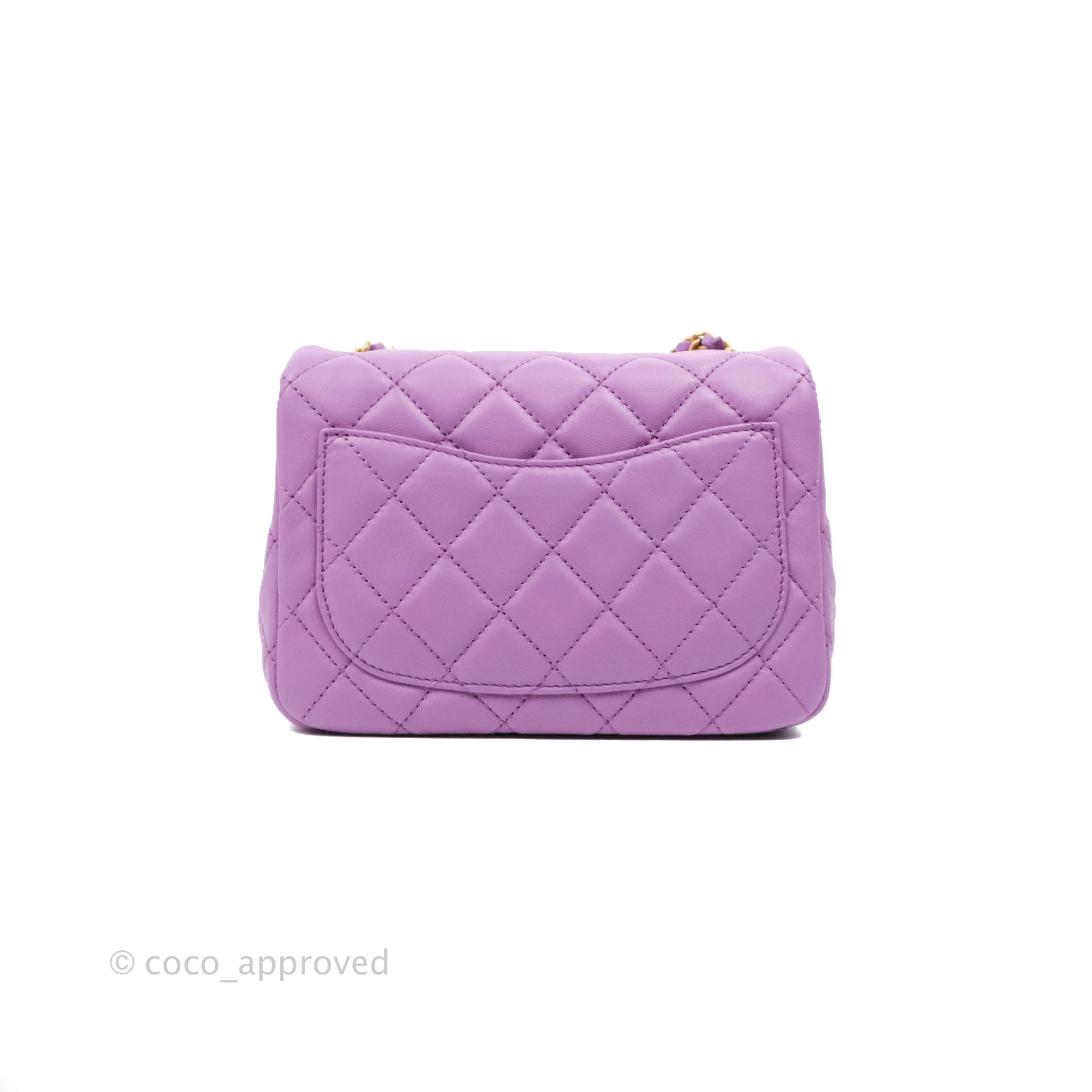 Chanel Mini Square Pearl Crush Quilted Purple Lambskin Aged Gold