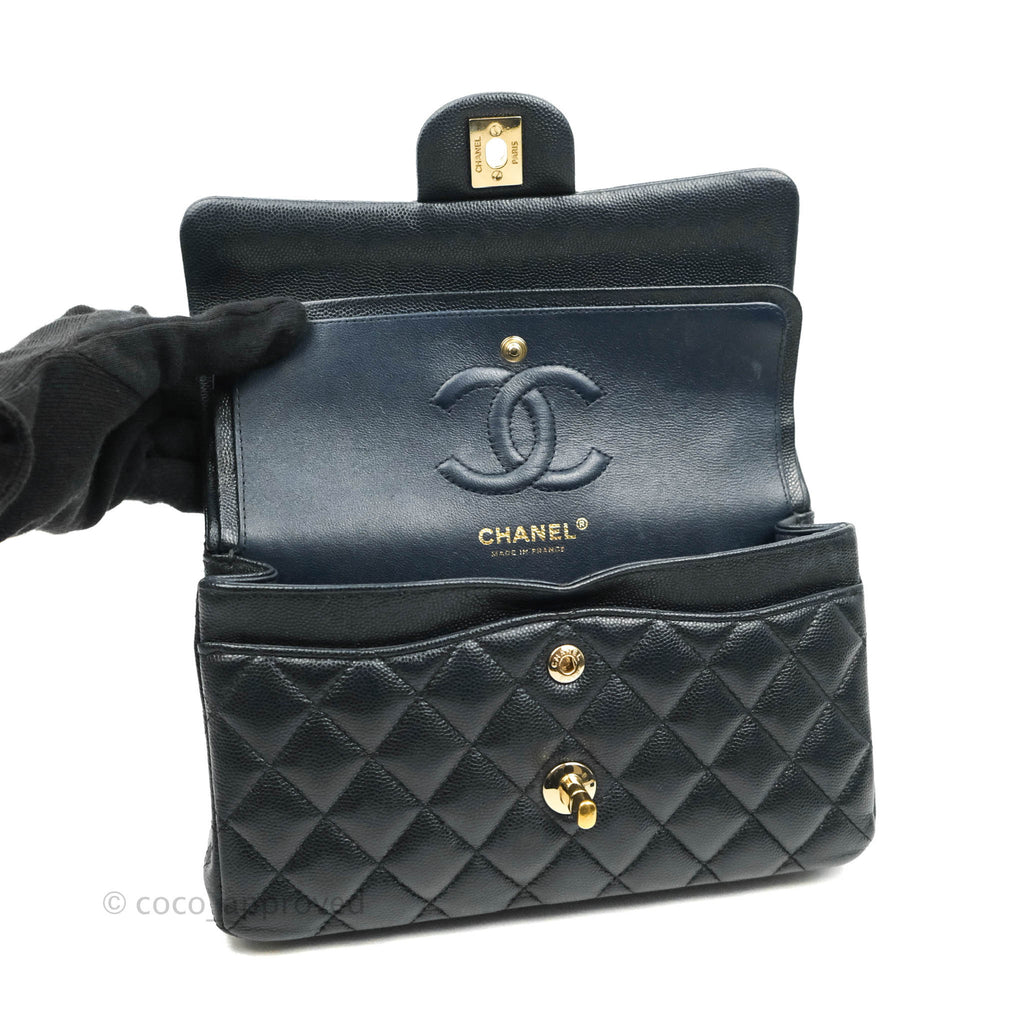 Chanel Small Classic Quilted Flap Very Dark Navy Caviar Gold Hardware