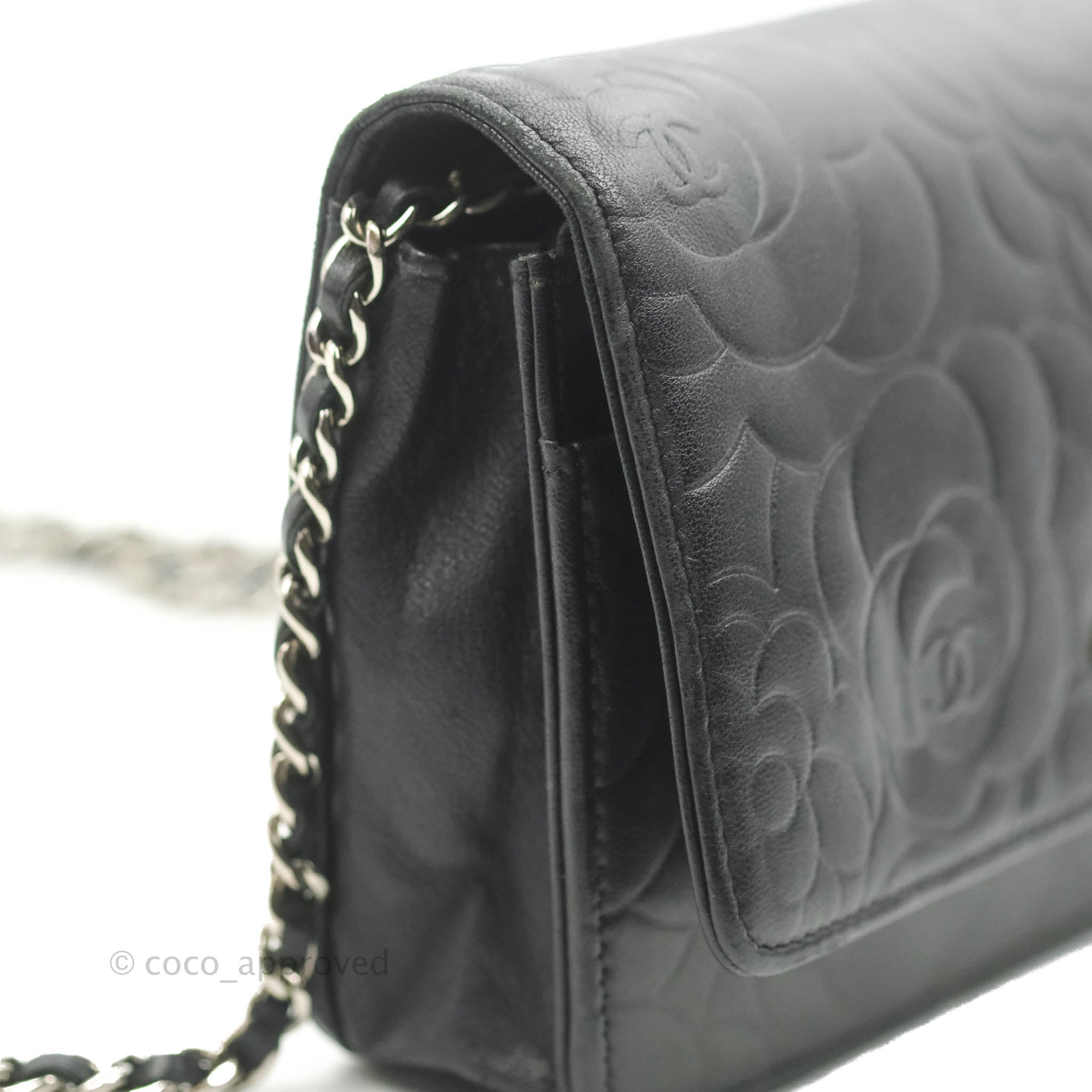 CHANEL Lambskin Camellia Embossed Wallet on Chain WOC Black | FASHIONPHILE