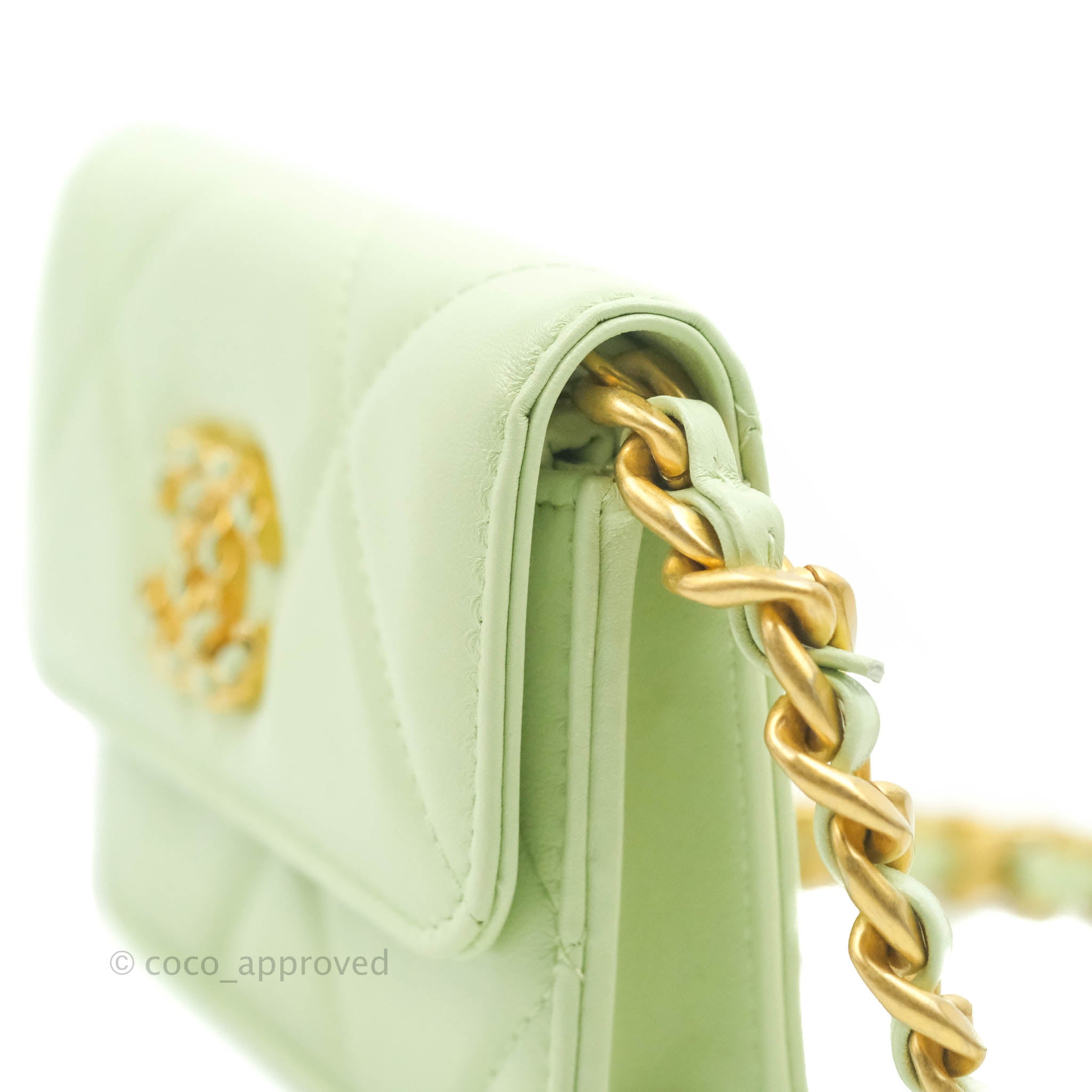 Chanel 19 Round Quilted Lambskin Leather Clutch Crossbody Bag Light Green