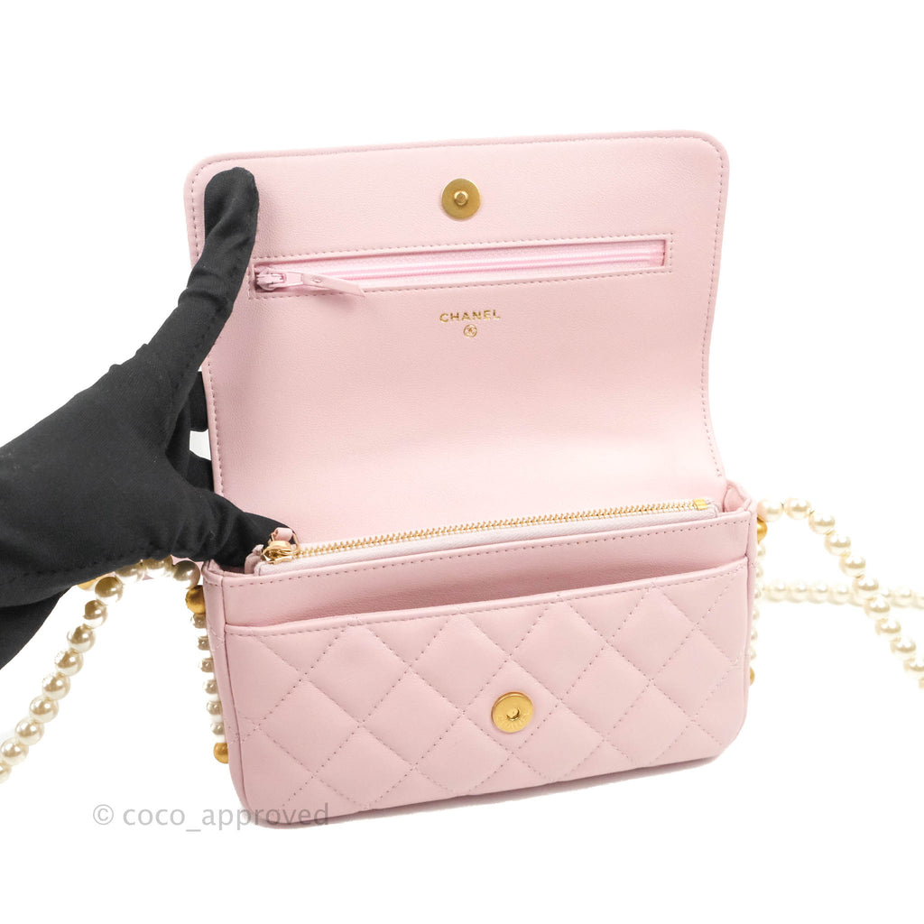 Chanel Quilted Wallet On Chain WOC With Pearl Chain Pink Aged Gold Hardware
