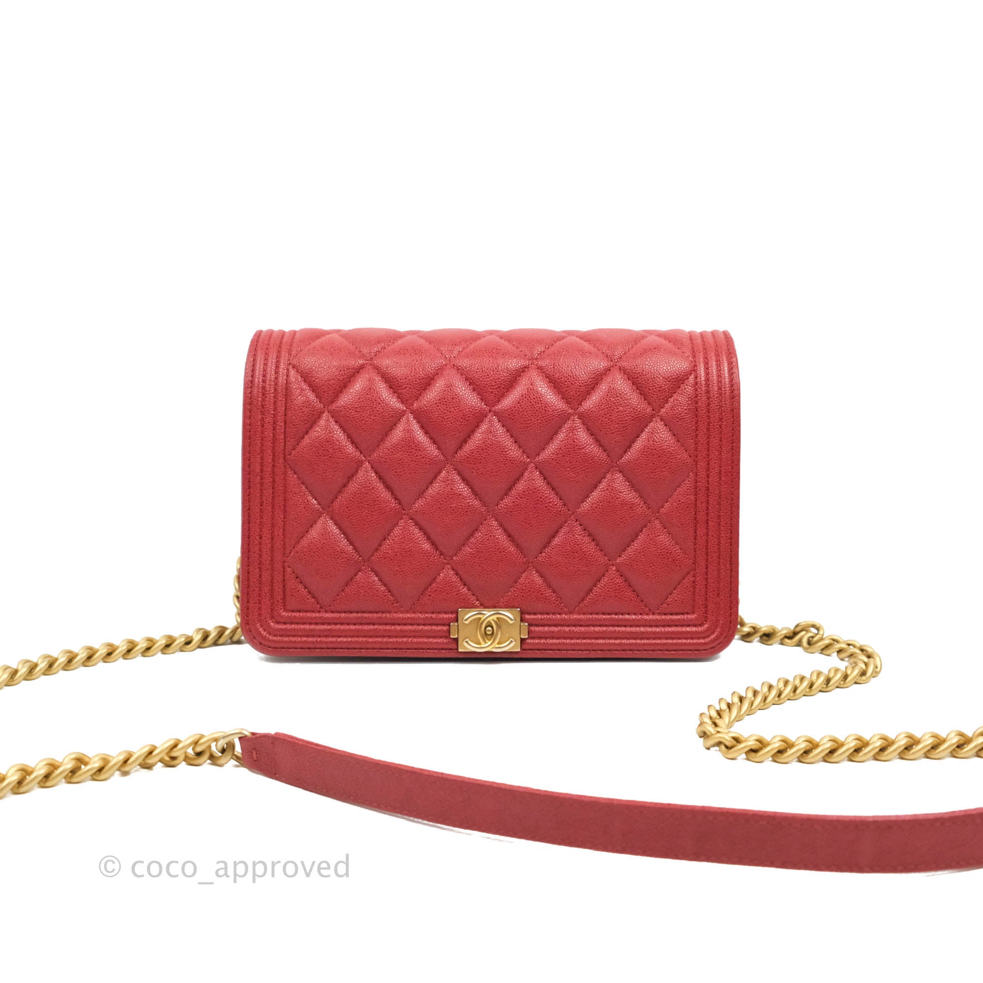 Preowned Authentic Chanel Quilted 2015 Red Caviar Wallet on Chain WOC SHW