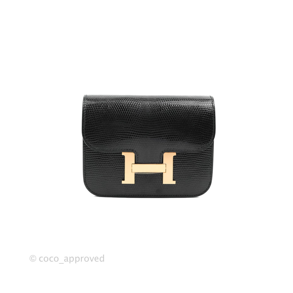 Hermès Constance Slim Wallet Black Lizard Leather Rose Gold Hardware