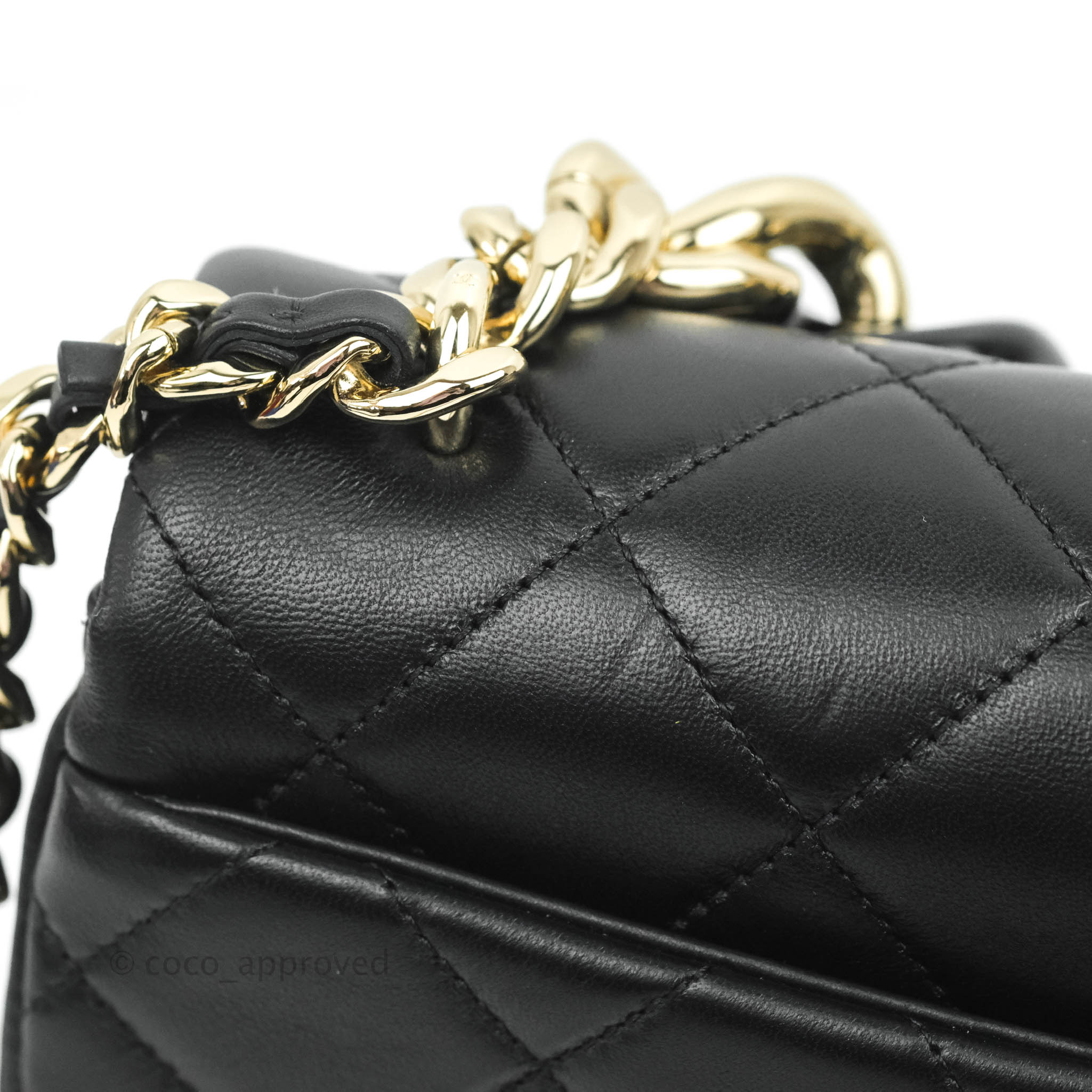 Chanel Black Lambskin and Ribbon Round Clutch with Chain Gold Hardware, 2021 (Like New), Black Womens Handbag
