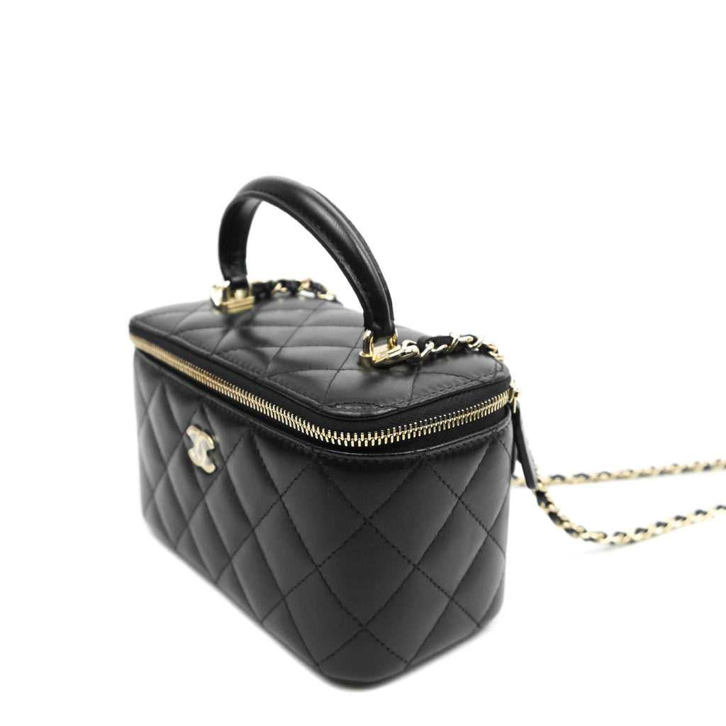 Chanel Vanity Rectangular Top Handle Black Lambskin Gold Hardware