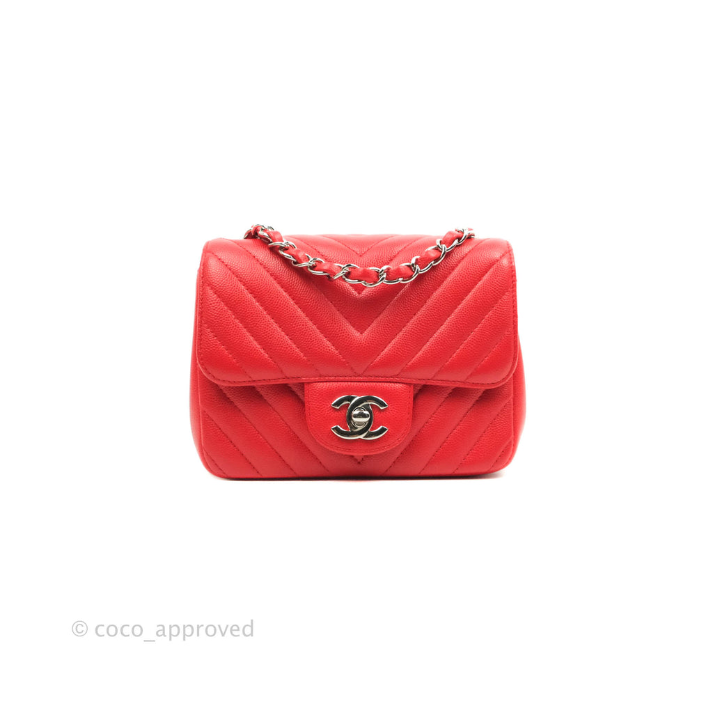 Chanel Mini Square Red Chevron Caviar Silver Hardware