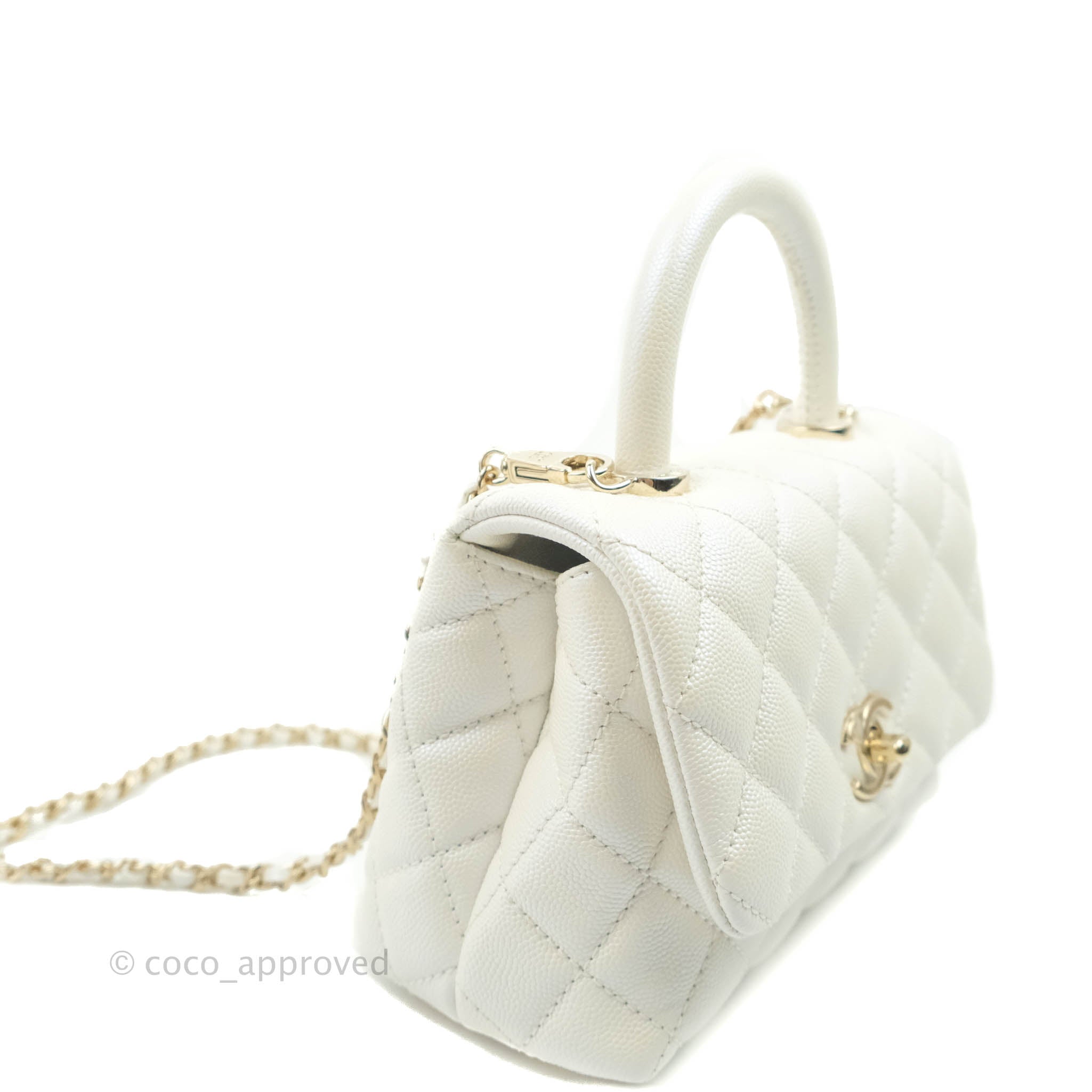 Chanel Coco Handle 20K Iridescent White Quilted Caviar with shiny