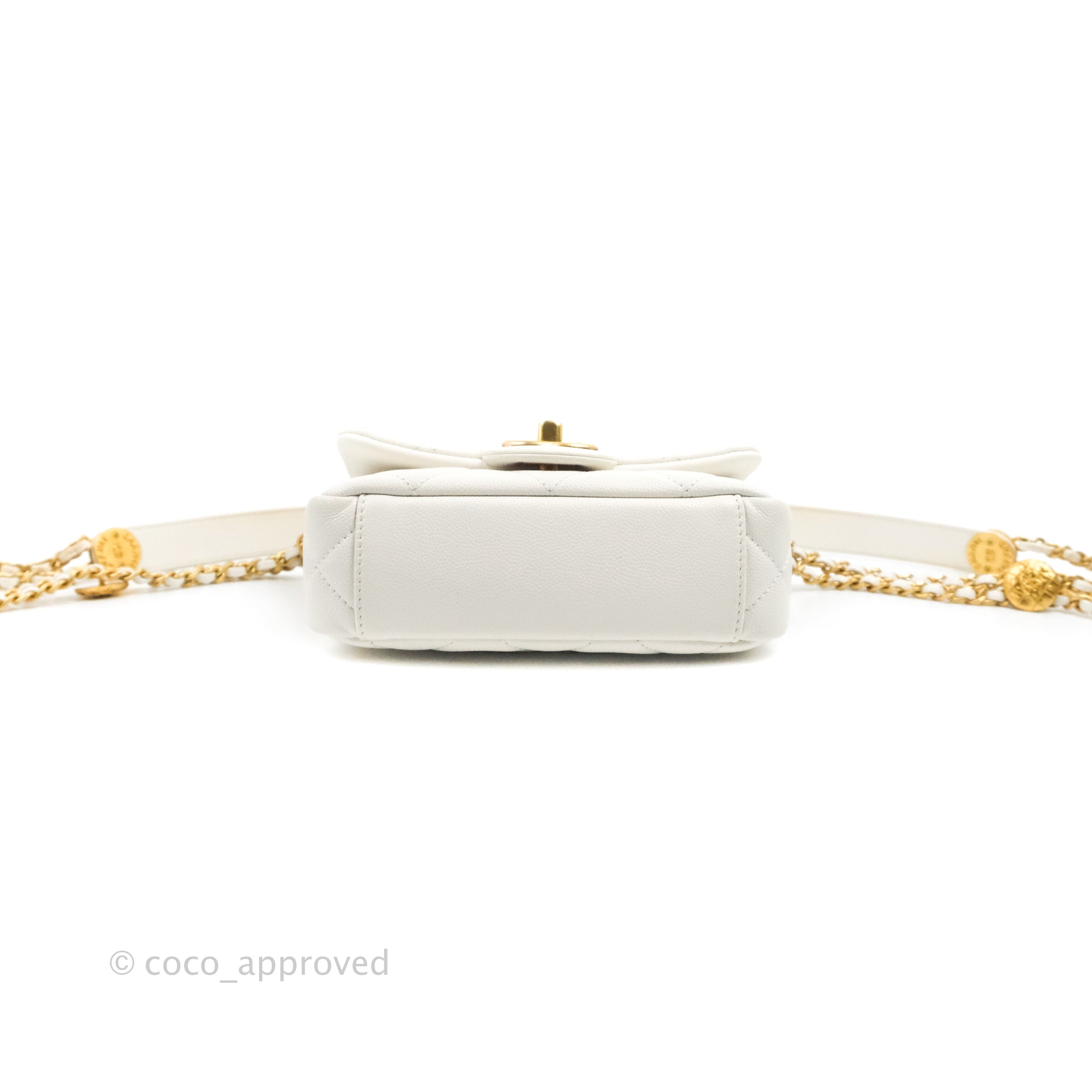 Chanel Mini Flap Bag with Coco Heart Chain White Lambskin Aged Gold Ha –  Coco Approved Studio