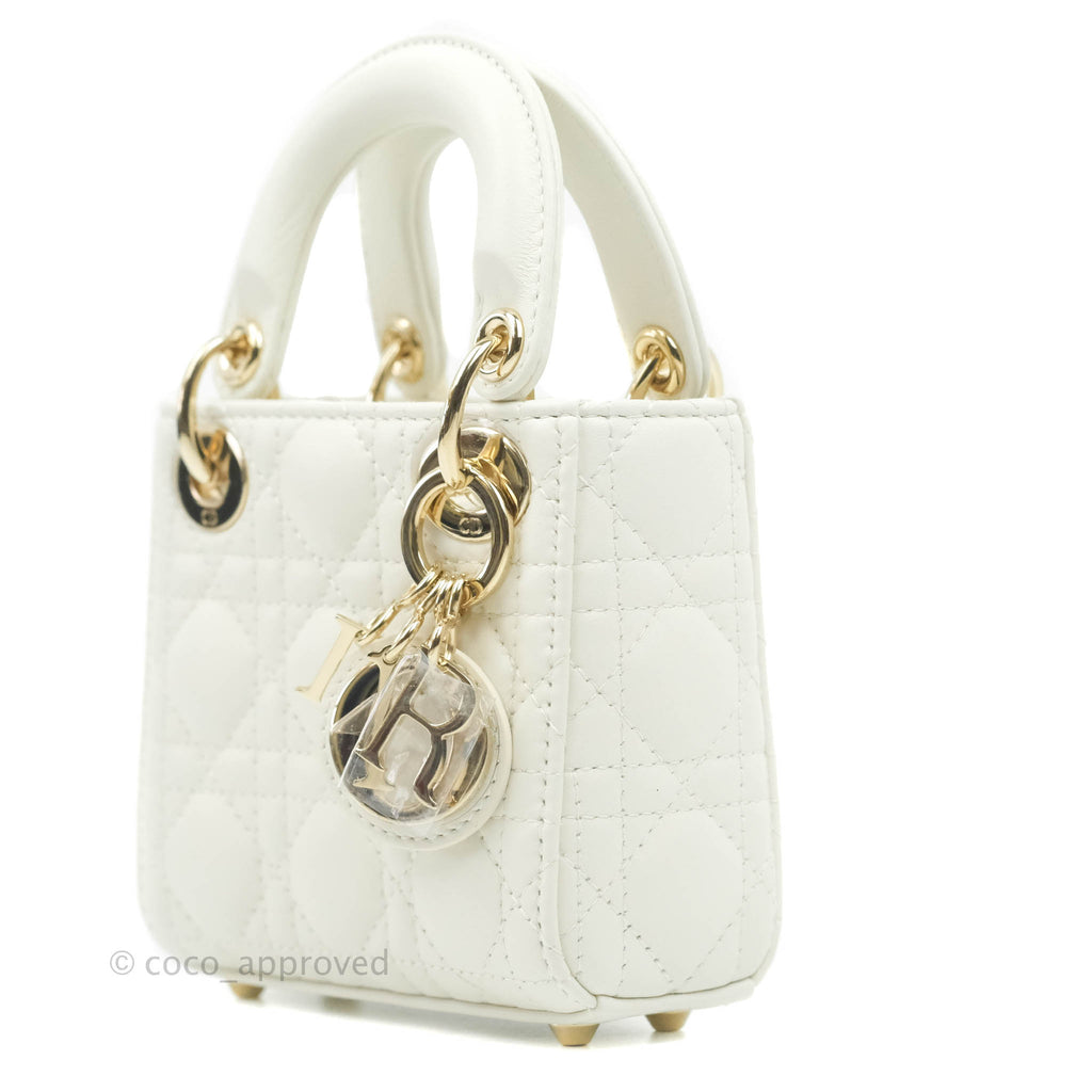 Christian Dior Micro Lady Dior Cannage White Lambskin Gold Hardware