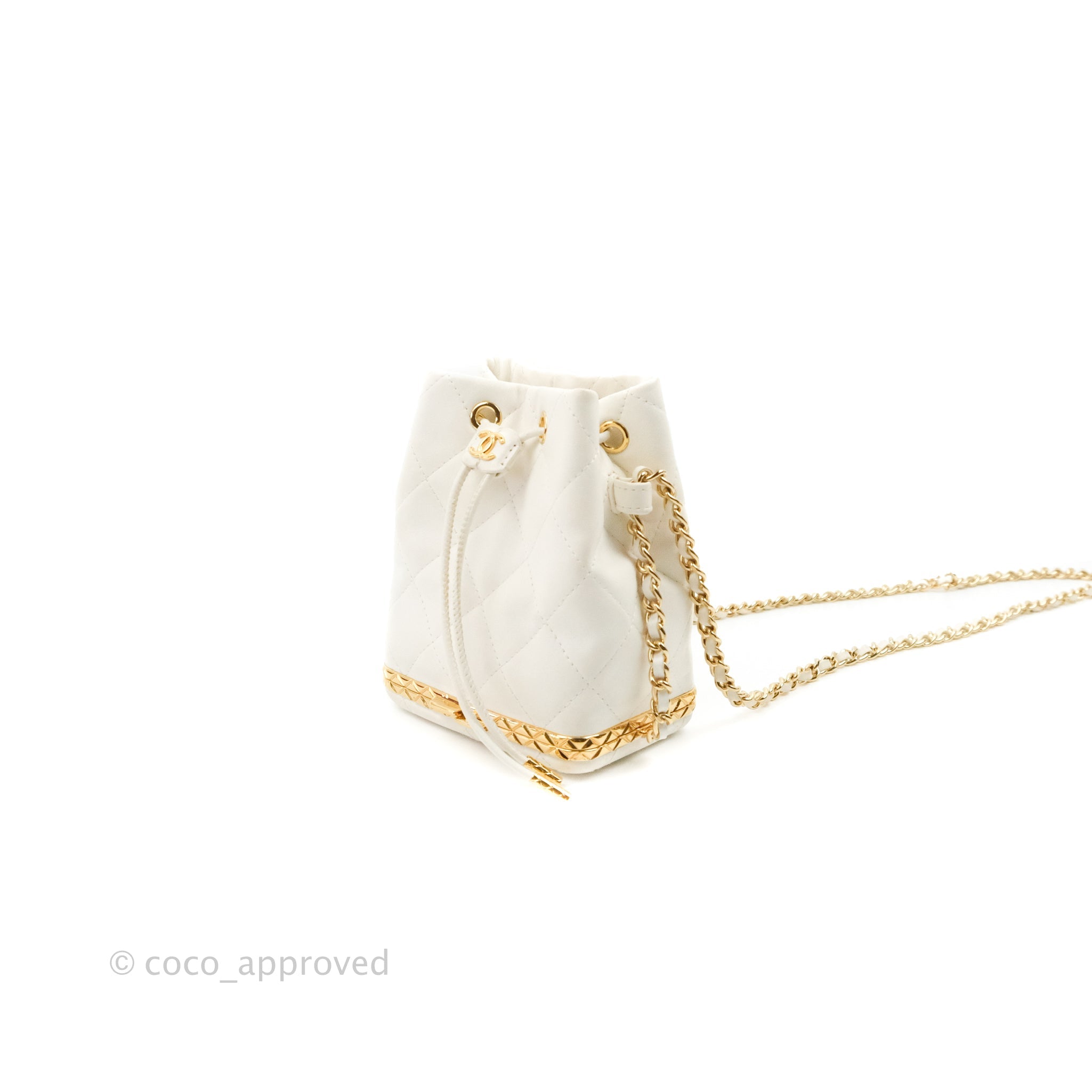 Chanel Quilted Small Drawstring Bucket Bag White Calfskin Gold Hardware