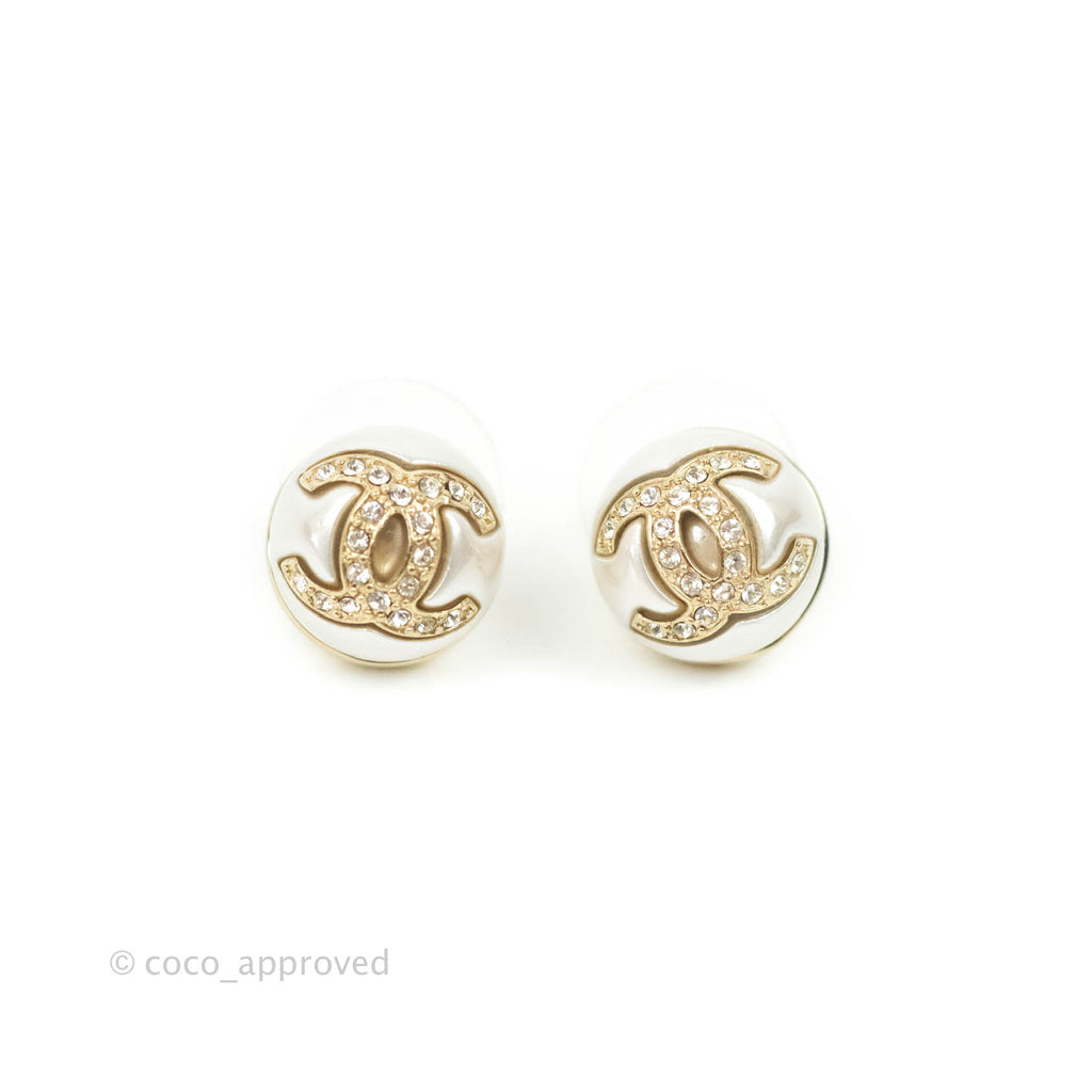 Chanel Pearl CC Crystal Earrings Gold Tone 22S