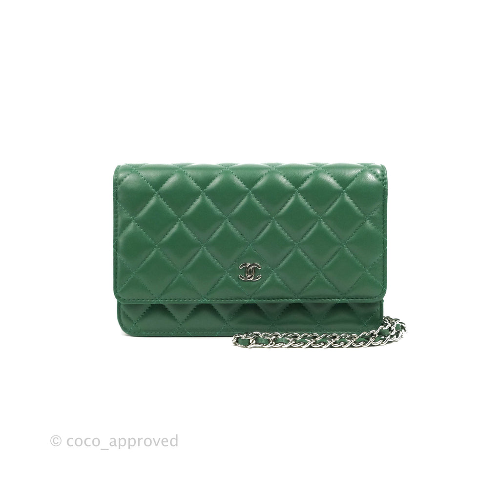 Chanel Quilted Classic Wallet on Chain WOC Green Lambskin Silver Hardware