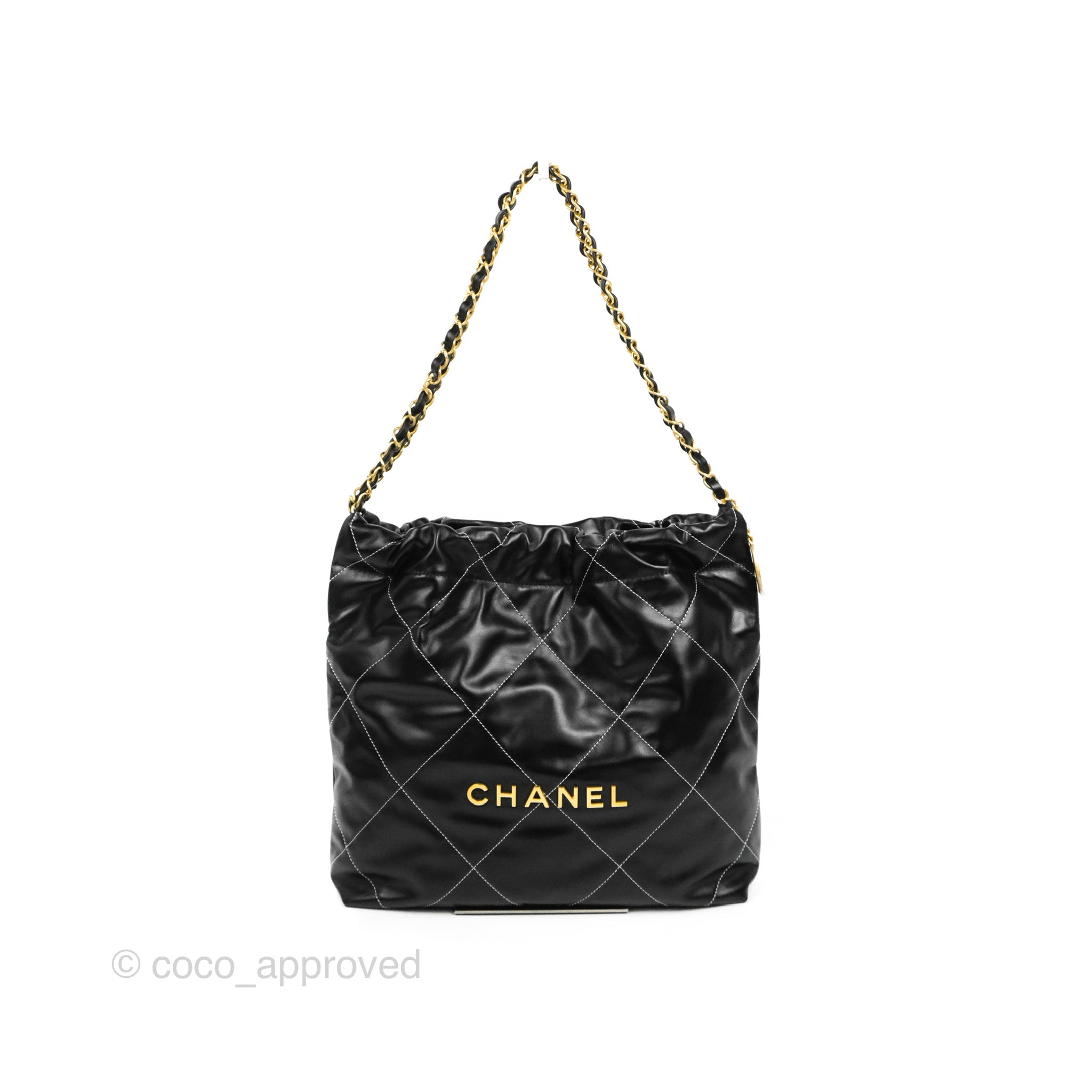 Chanel 22 Small Black Calfskin Contrast Stitch Aged Gold Hardware