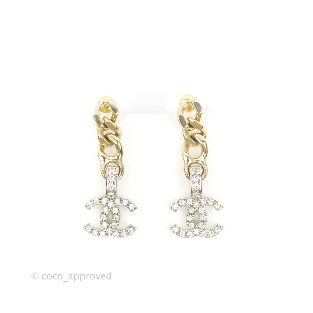 Chanel Metal Crystal CC Chain Drop Earrings Gold Tone 22S