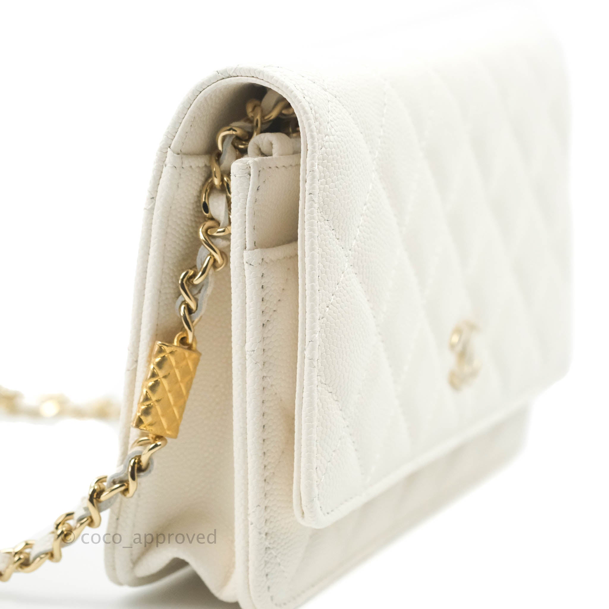 Chanel Quilted WOC White Caviar Gold Hardware With Charms – Coco Approved  Studio