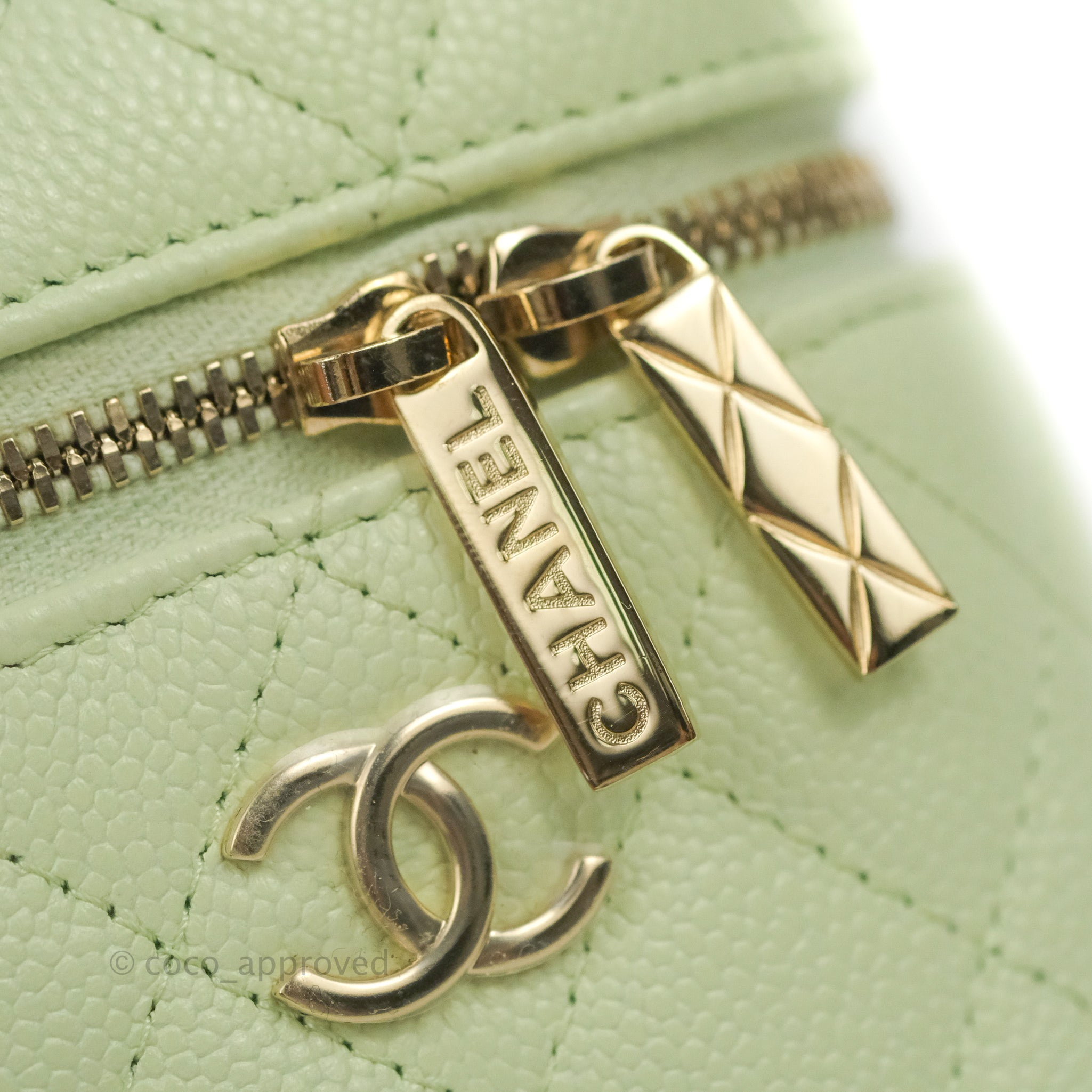 Chanel Quilted Small Handle With Care Vanity Case With Chain Green Cav –  Coco Approved Studio