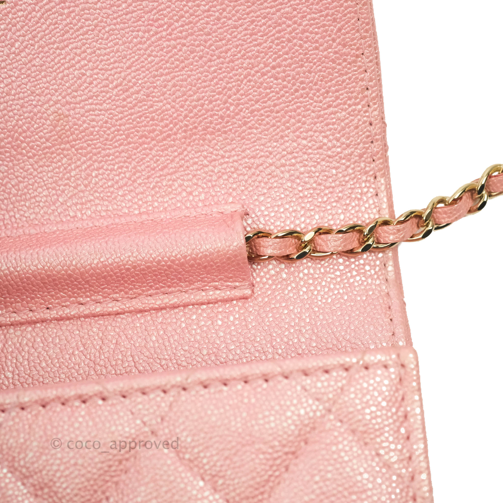CHANEL Iridescent Caviar Chevron Quilted Wallet On Chain WOC Pink 421593
