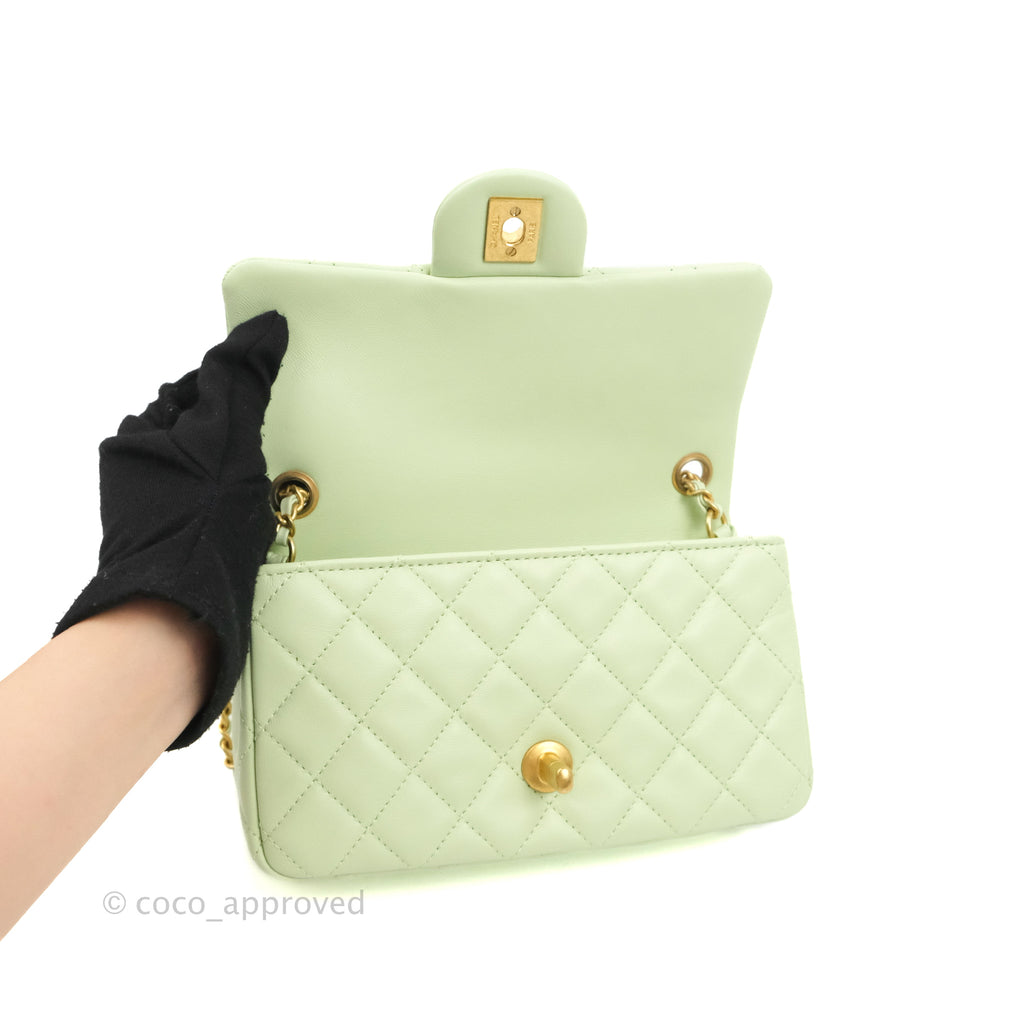 Chanel Quilted Mini Rectangular Pearl Crush Avocado Green Lambskin Aged Gold Hardware 22C